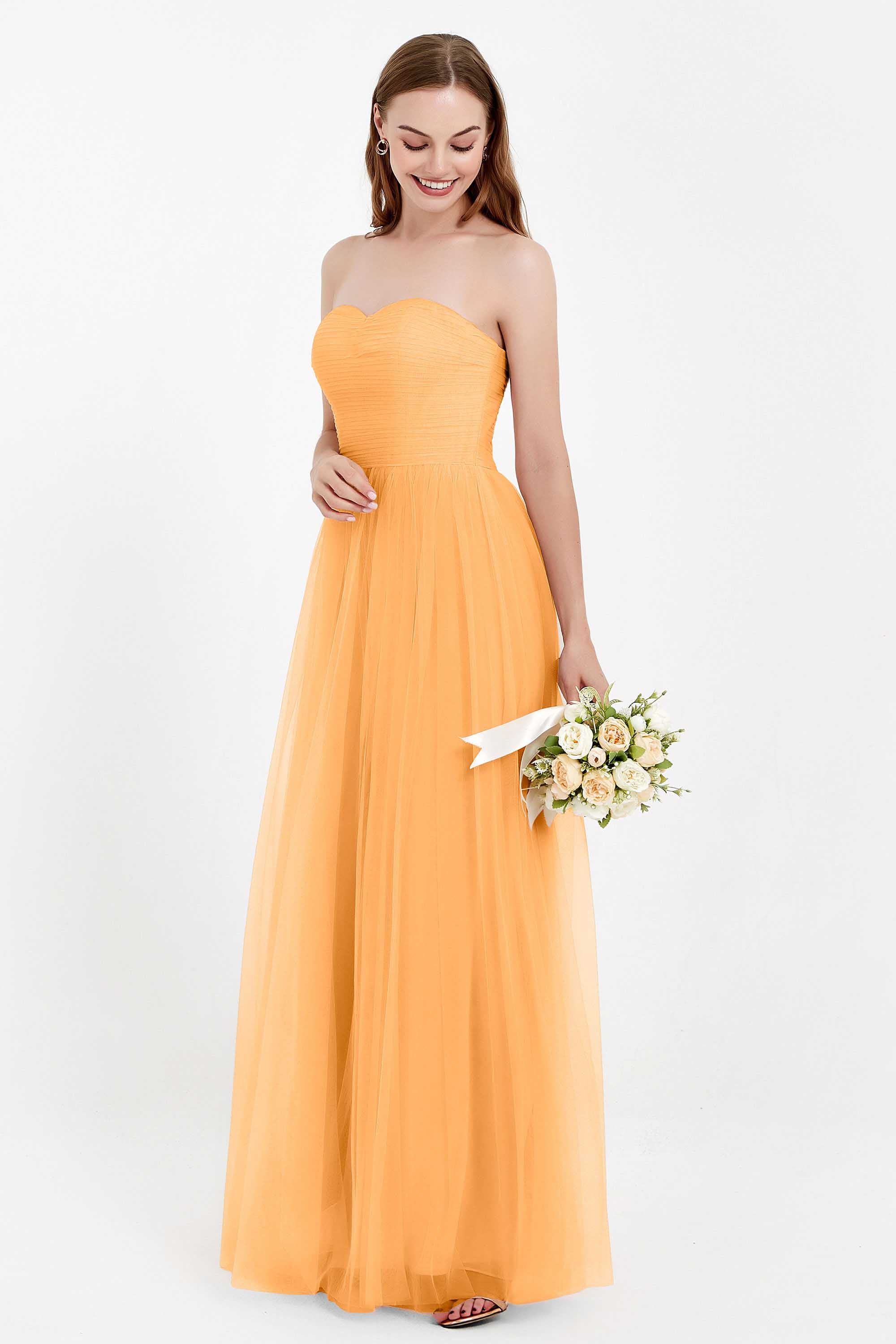 Sweetheart Neckline Tulle Bridesmaid Dress Long Pleated Ruched Formal Evening Gowns Dresses