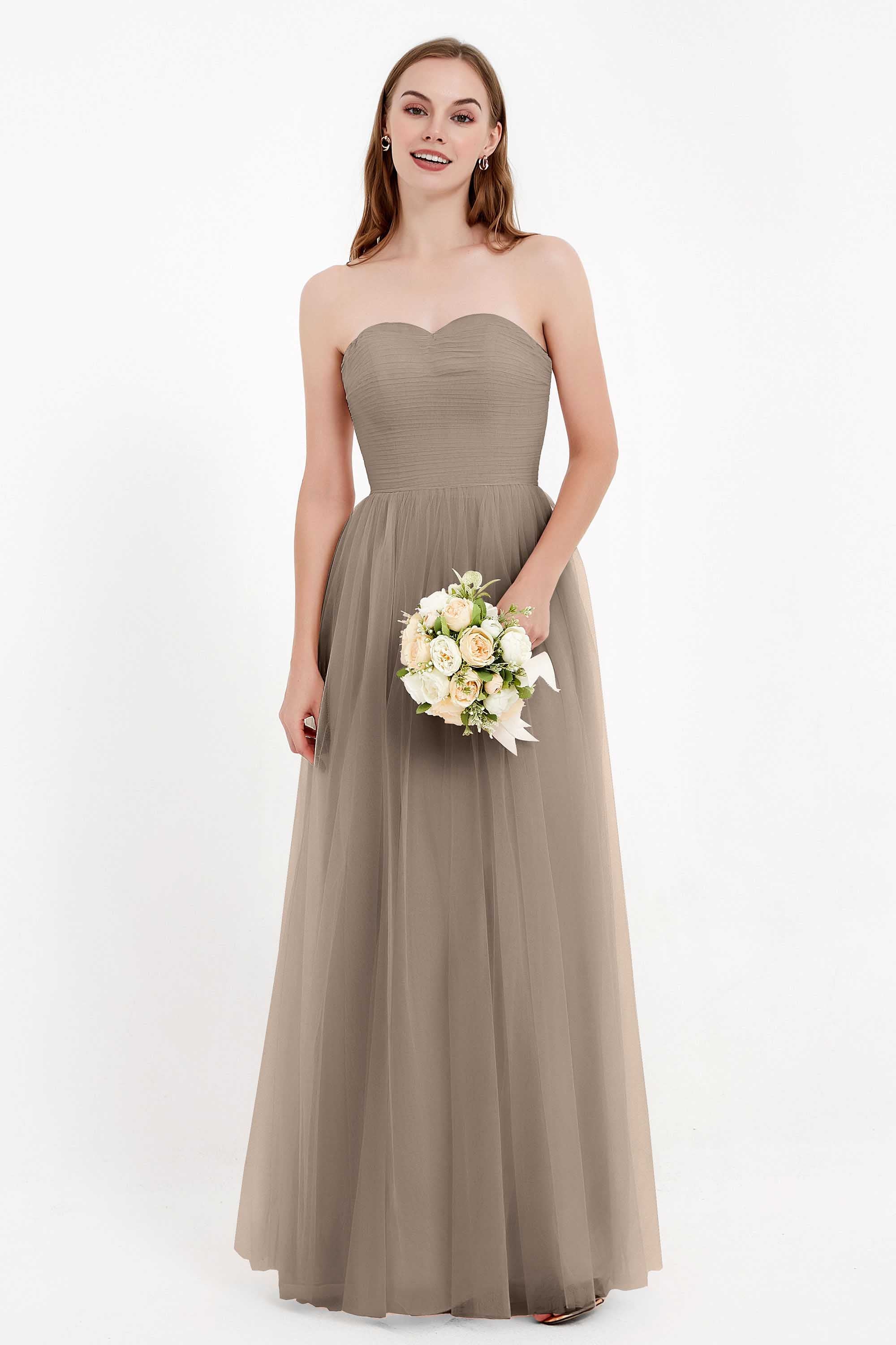 Sweetheart Neckline Tulle Bridesmaid Dress Long Pleated Ruched Formal Evening Gowns Dresses