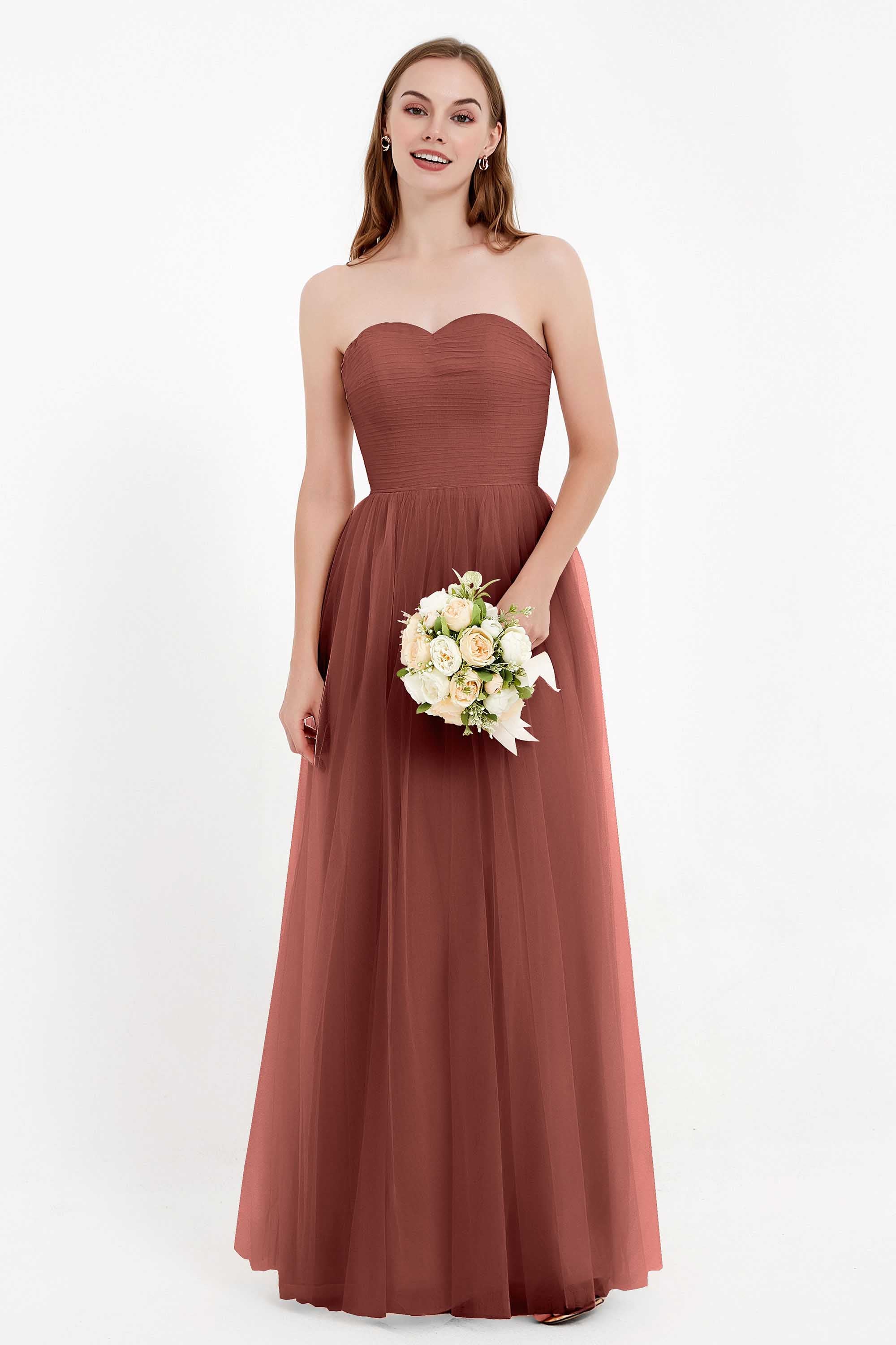 Sweetheart Neckline Tulle Bridesmaid Dress Long Pleated Ruched Formal Evening Gowns Dresses