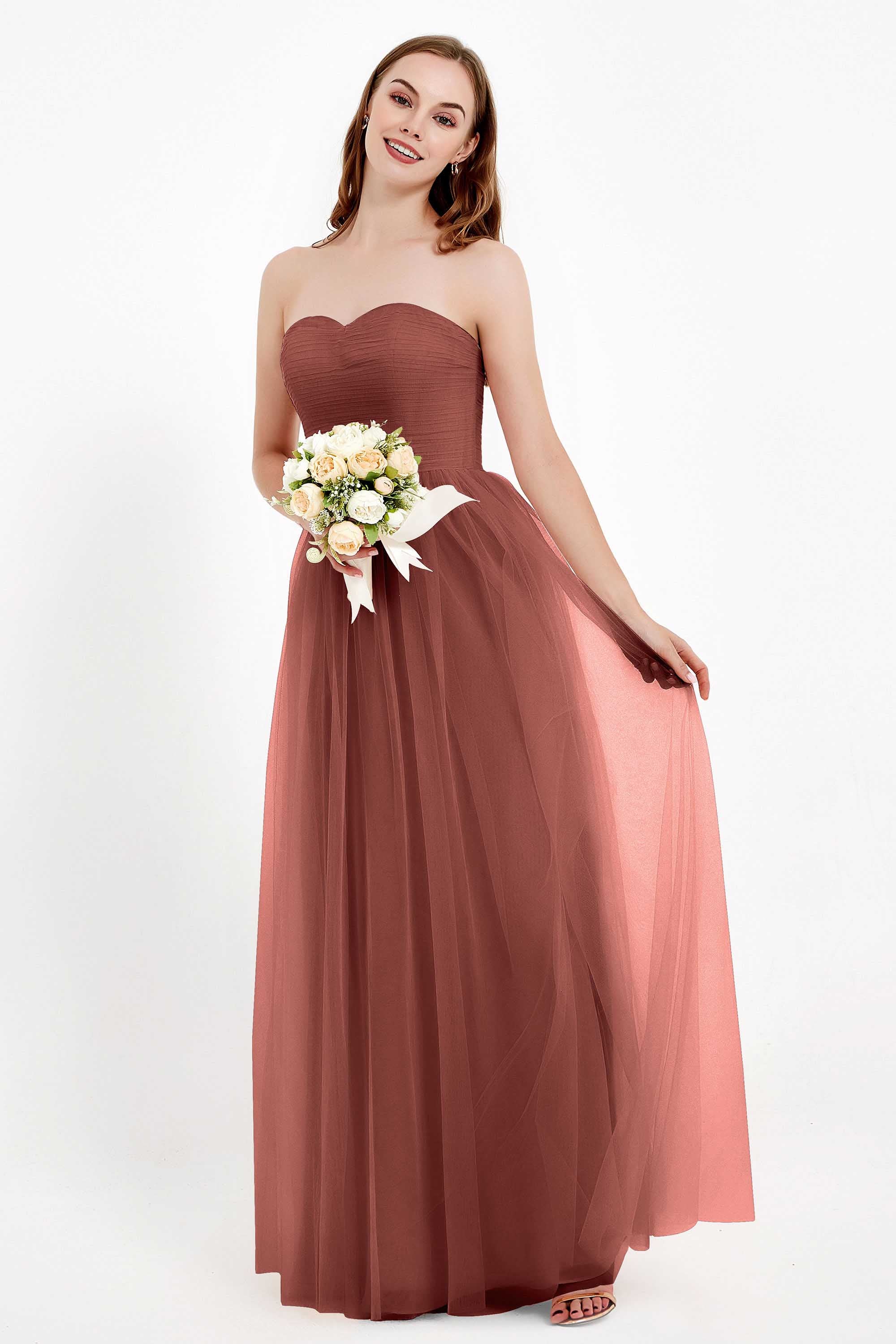 Sweetheart Neckline Tulle Bridesmaid Dress Long Pleated Ruched Formal Evening Gowns Dresses