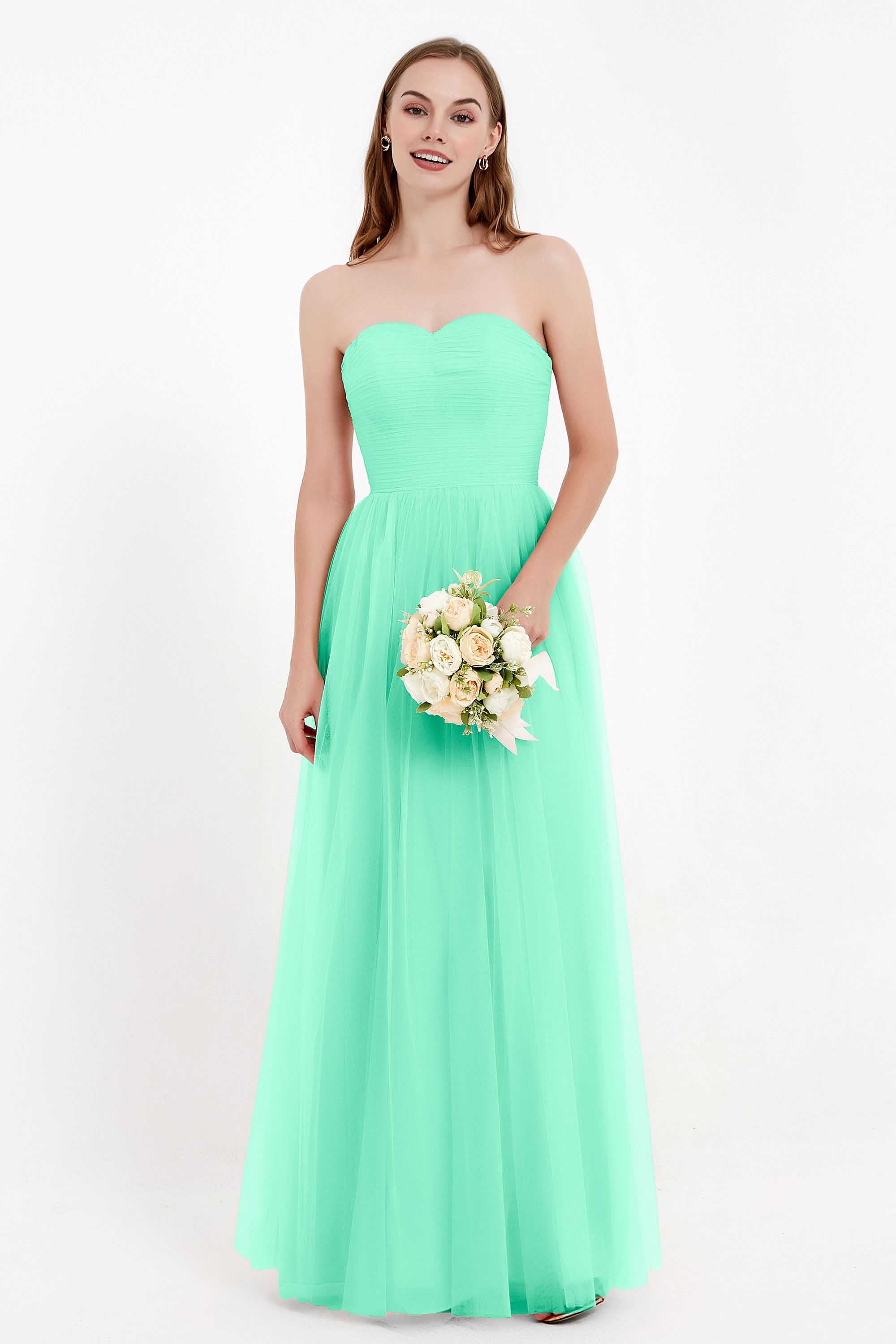 Sweetheart Neckline Tulle Bridesmaid Dress Long Pleated Ruched Formal Evening Gowns Dresses