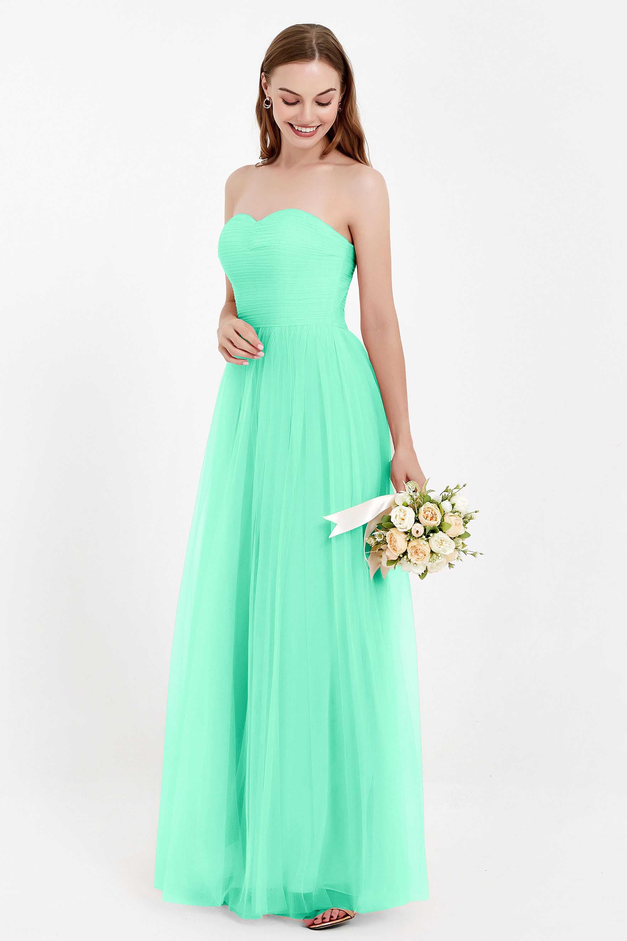 Sweetheart Neckline Tulle Bridesmaid Dress Long Pleated Ruched Formal Evening Gowns Dresses