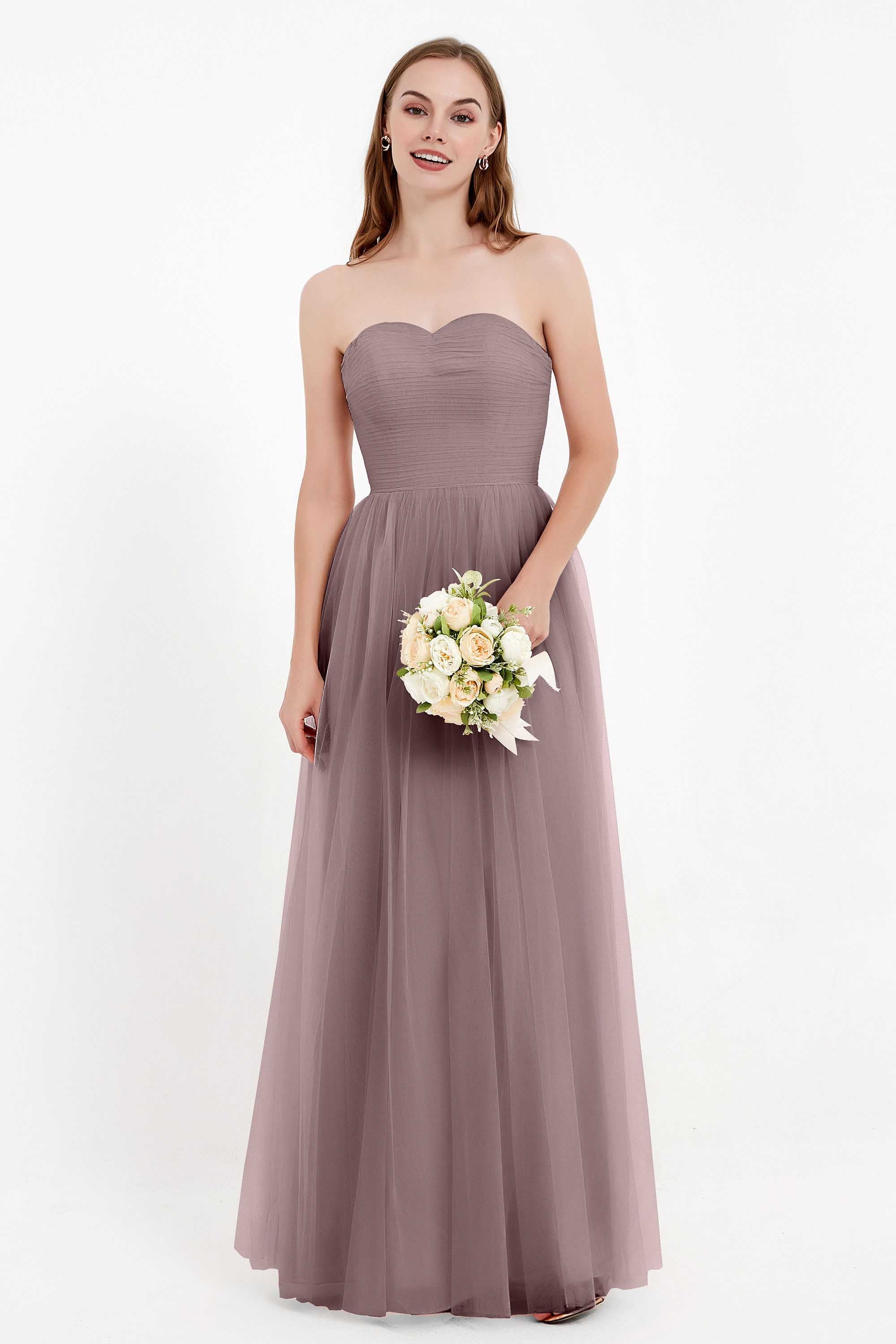 Sweetheart Neckline Tulle Bridesmaid Dress Long Pleated Ruched Formal Evening Gowns Dresses