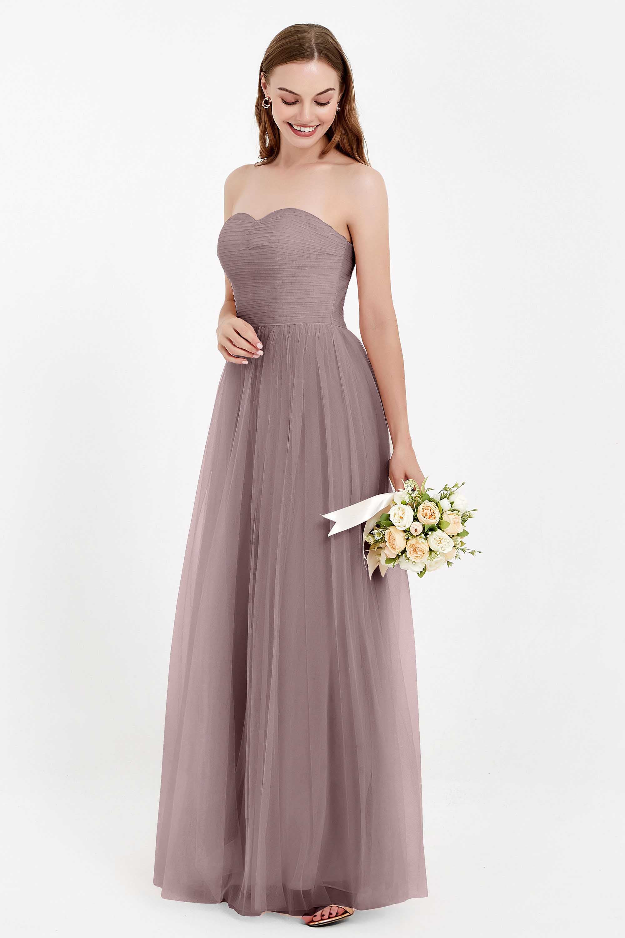 Sweetheart Neckline Tulle Bridesmaid Dress Long Pleated Ruched Formal Evening Gowns Dresses