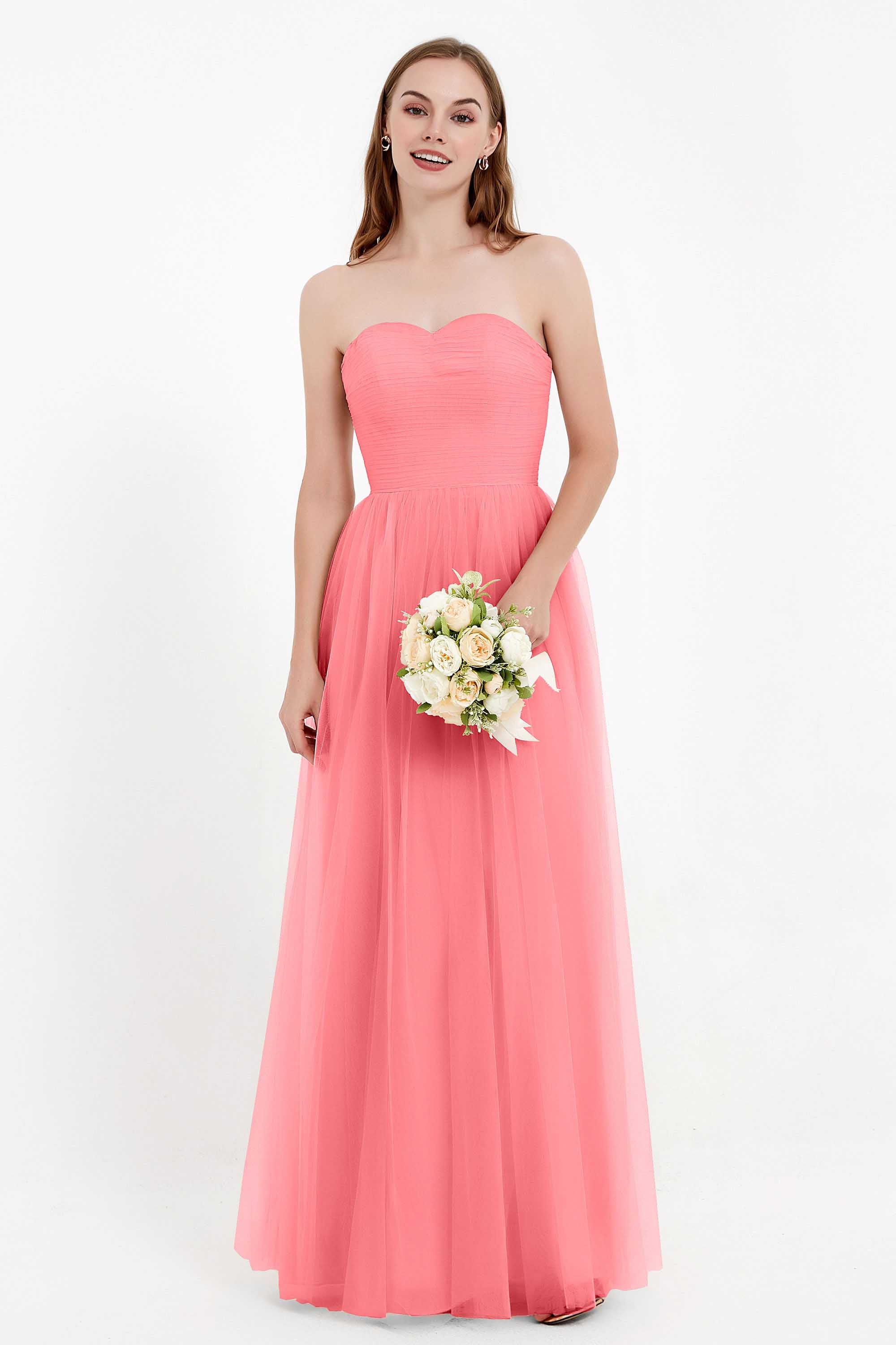 Sweetheart Neckline Tulle Bridesmaid Dress Long Pleated Ruched Formal Evening Gowns Dresses