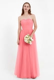 Sweetheart Neckline Tulle Bridesmaid Dress Long Pleated Ruched Formal Evening Gowns Dresses