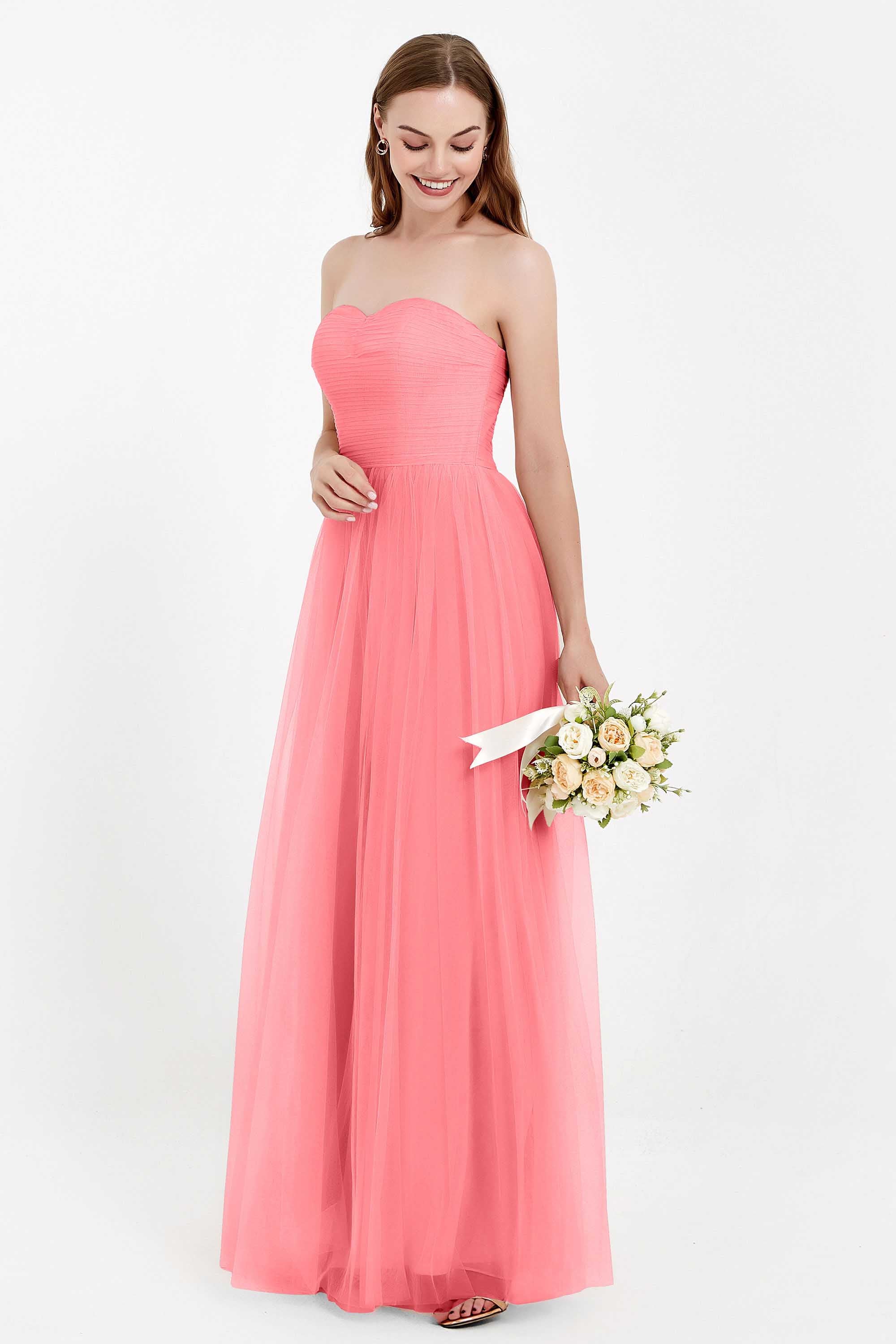 Sweetheart Neckline Tulle Bridesmaid Dress Long Pleated Ruched Formal Evening Gowns Dresses
