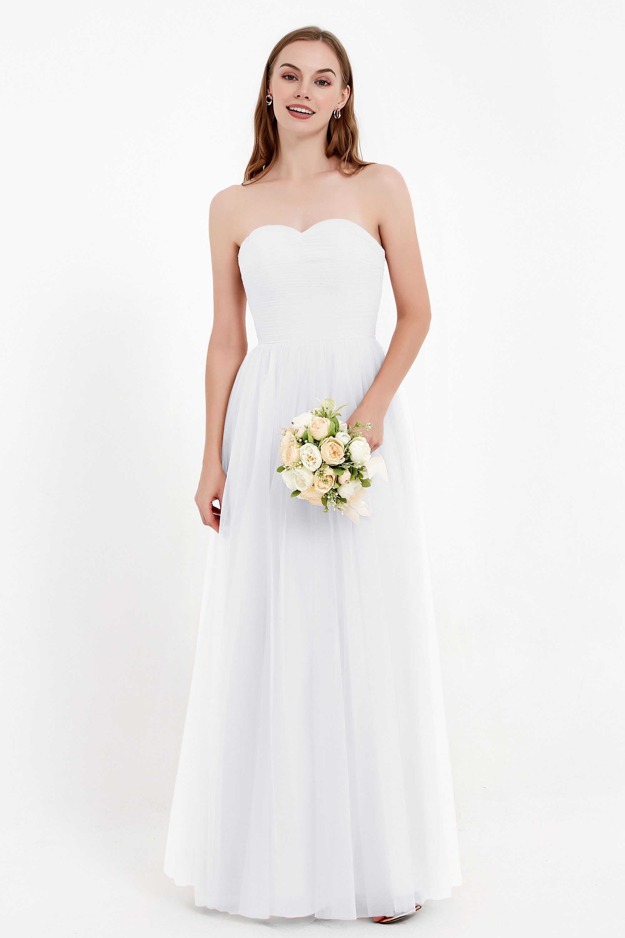 Sweetheart Neckline Tulle Bridesmaid Dress Long Pleated Ruched Formal Evening Gowns Dresses