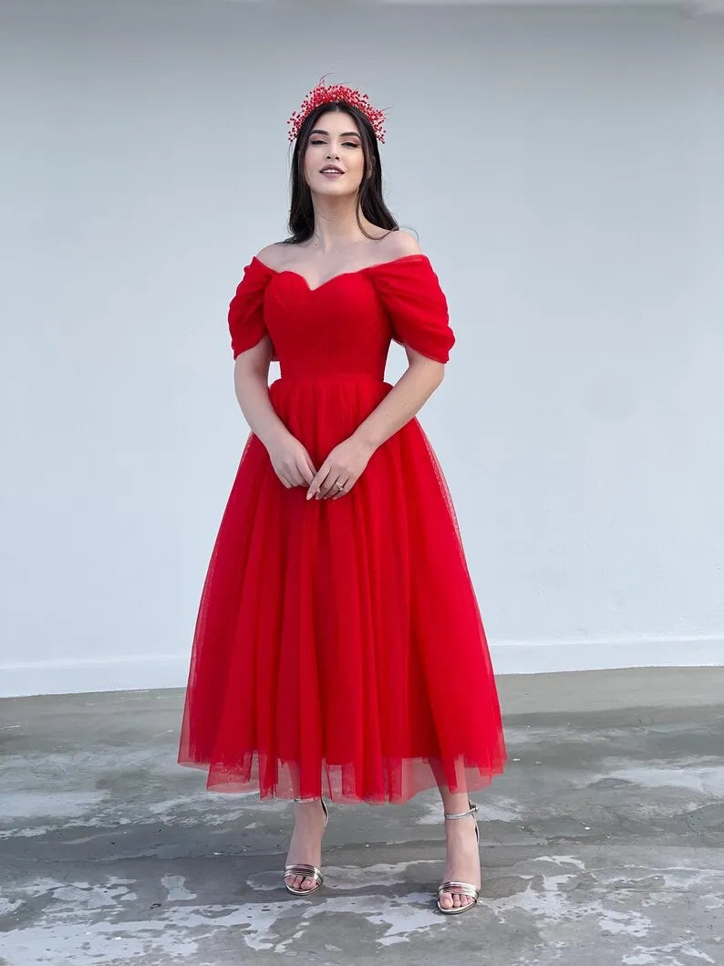 Tulle Sweetheart A-line Evening Dresses Off the Shoulder Tea-Length Formal Dress With Pleats & Bow Elegant Lace Up Prom Gowns