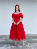 Tulle Sweetheart A-line Evening Dresses Off the Shoulder Tea-Length Formal Dress With Pleats & Bow Elegant Lace Up Prom Gowns
