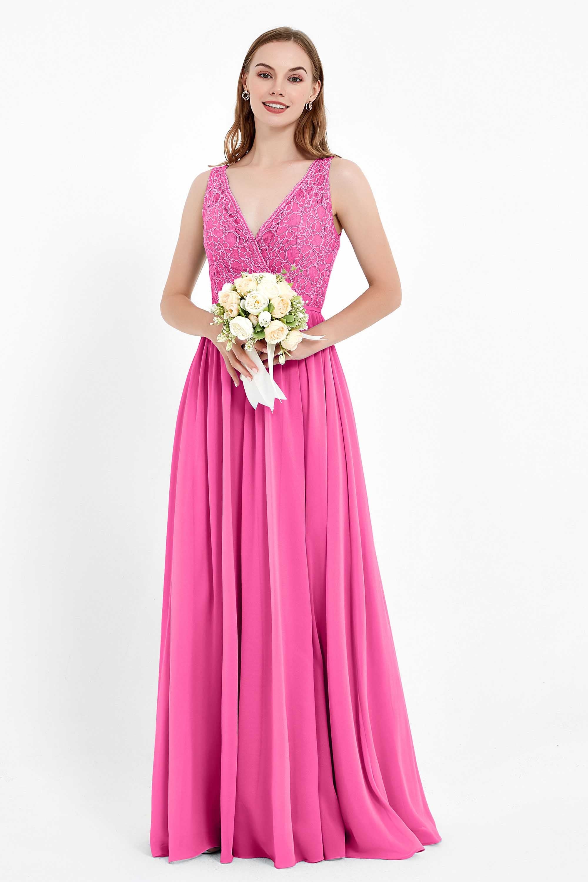 Ruched Chiffon Lace V Neck Bridesmaid Dress Sleeveless Formal Evening Dresses gowns