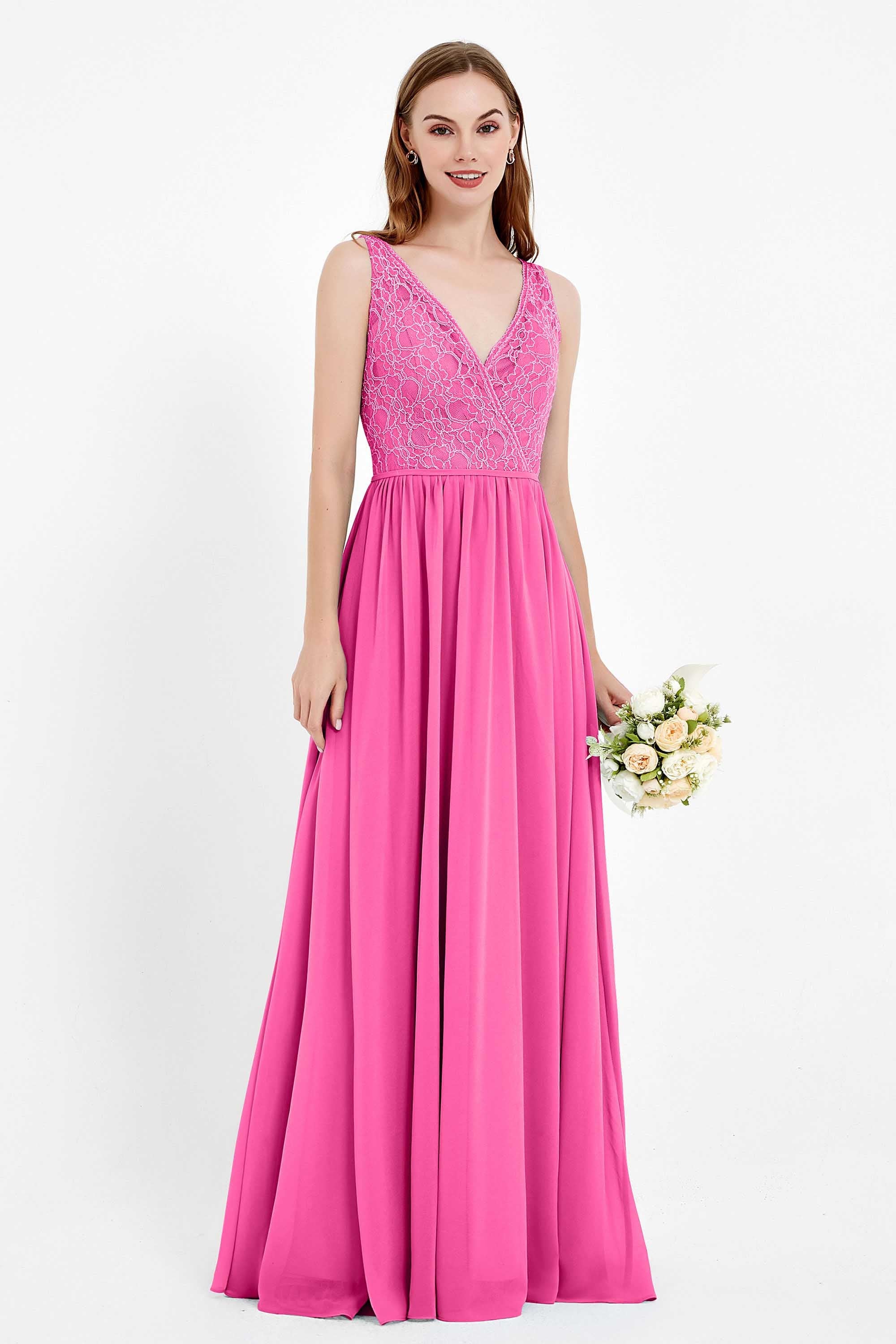 Ruched Chiffon Lace V Neck Bridesmaid Dress Sleeveless Formal Evening Dresses gowns