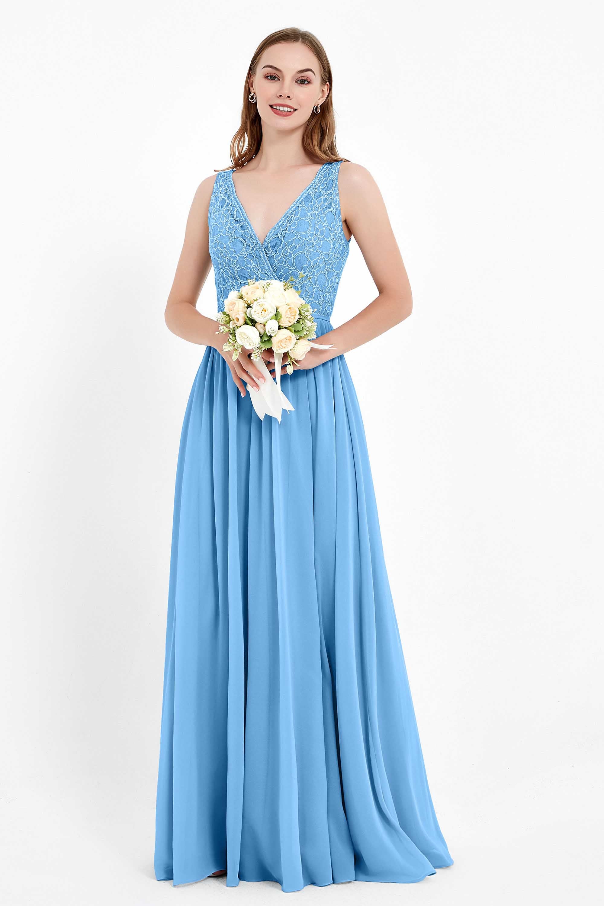 Ruched Chiffon Lace V Neck Bridesmaid Dress Sleeveless Formal Evening Dresses gowns