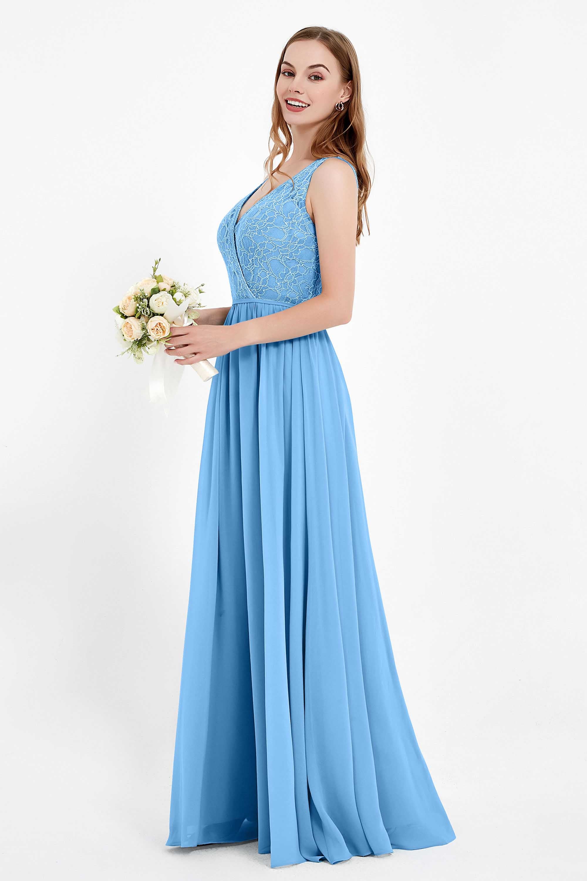 Ruched Chiffon Lace V Neck Bridesmaid Dress Sleeveless Formal Evening Dresses gowns