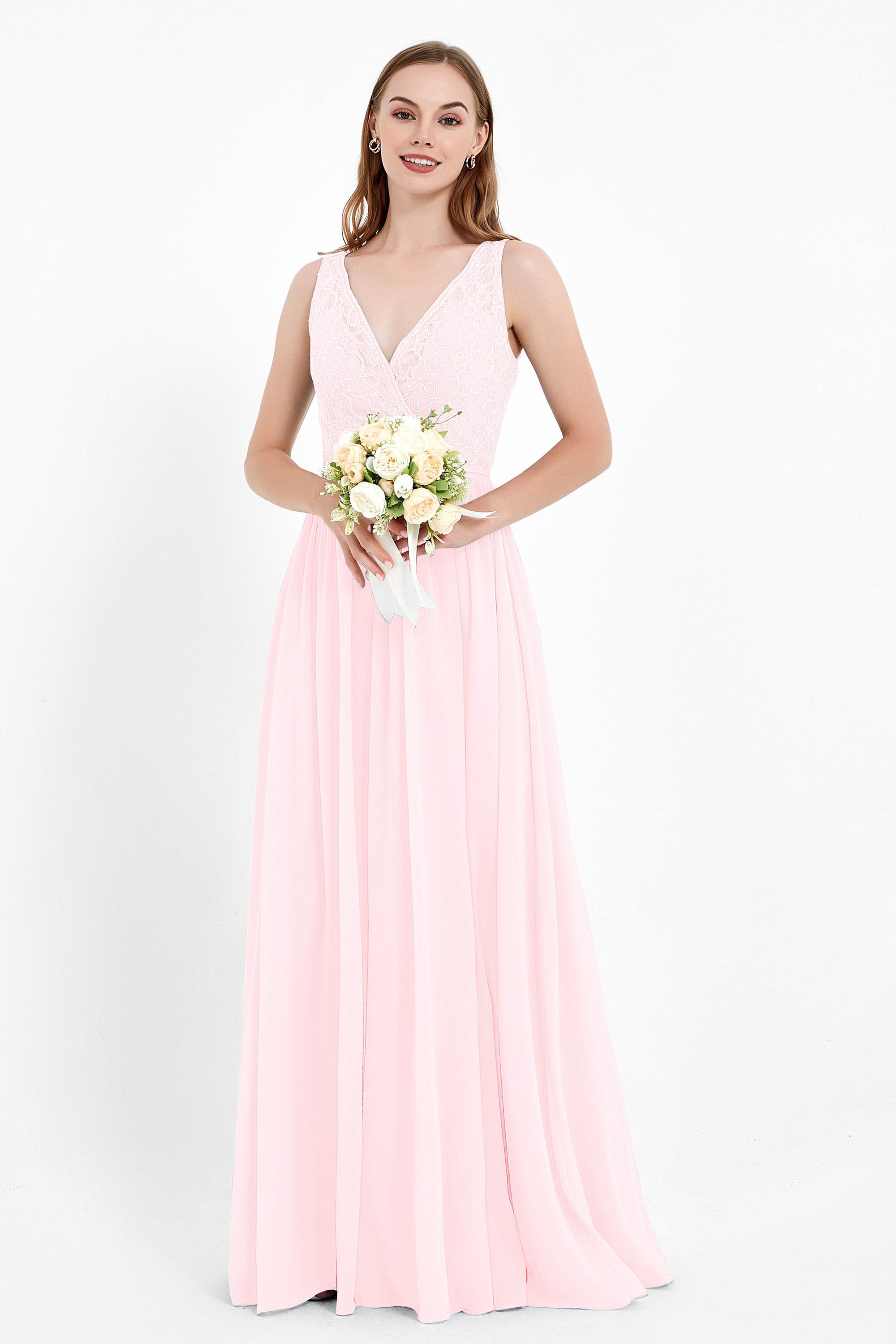 Ruched Chiffon Lace V Neck Bridesmaid Dress Sleeveless Formal Evening Dresses gowns
