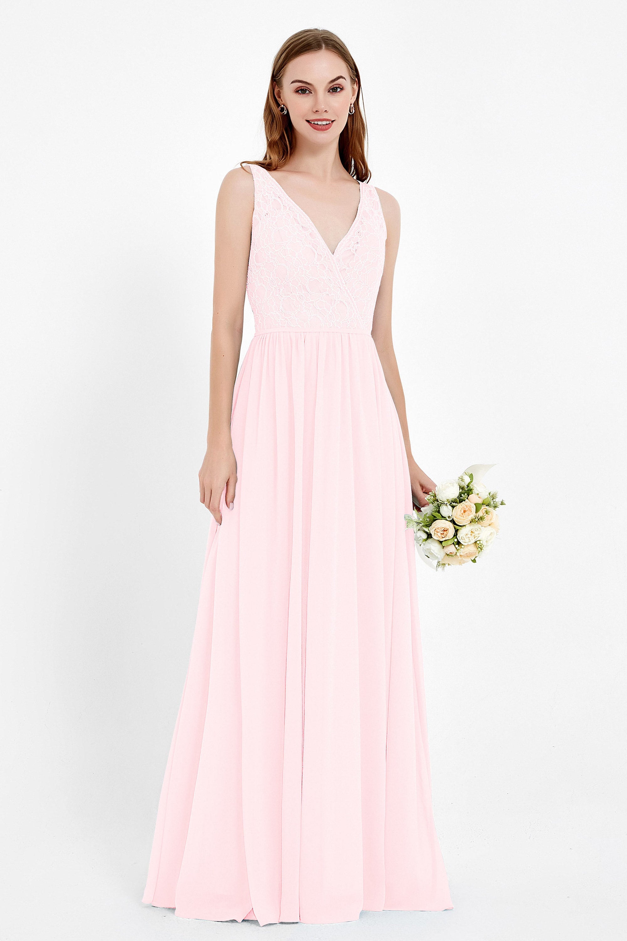 Ruched Chiffon Lace V Neck Bridesmaid Dress Sleeveless Formal Evening Dresses gowns