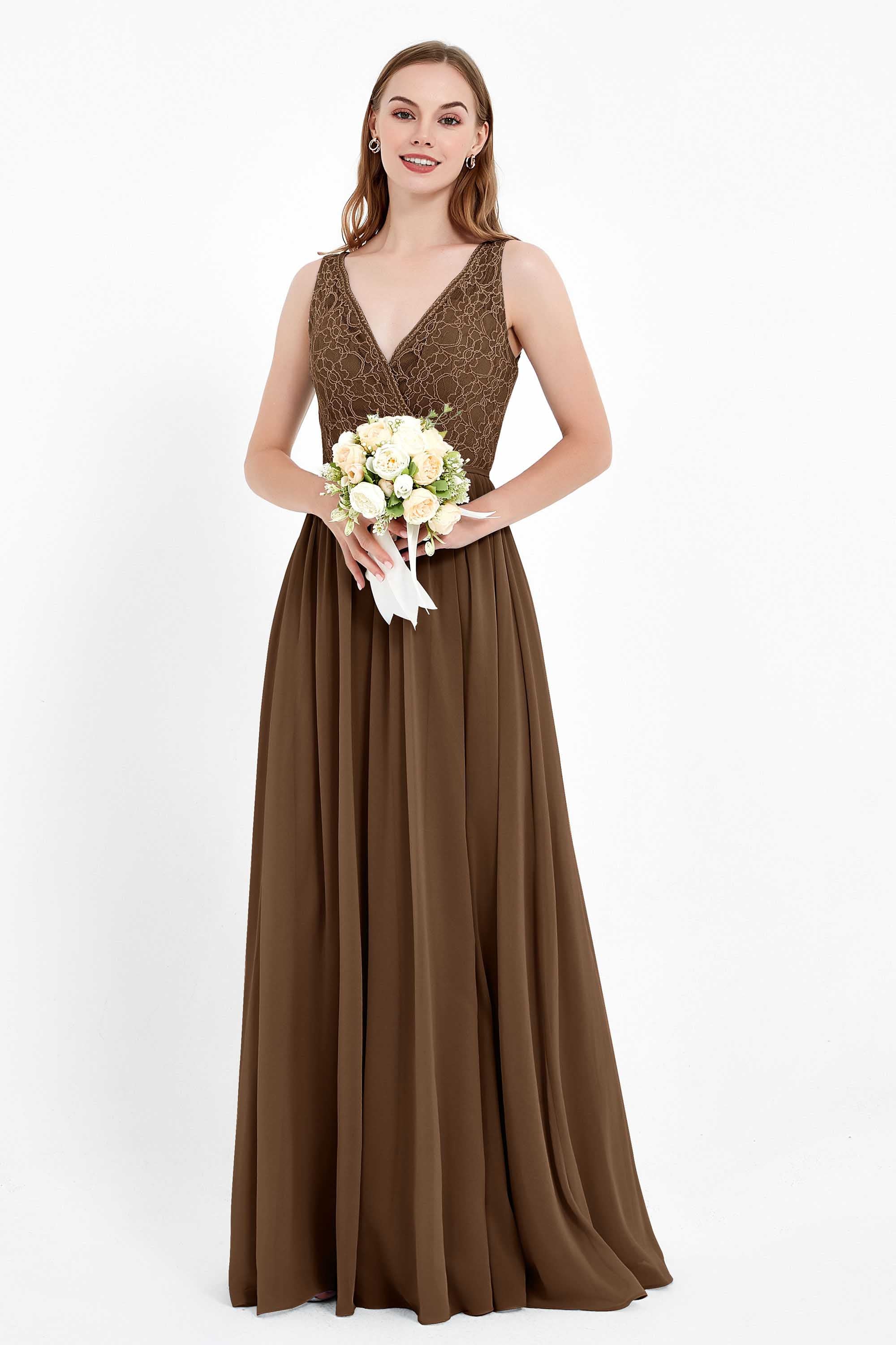 Ruched Chiffon Lace V Neck Bridesmaid Dress Sleeveless Formal Evening Dresses gowns