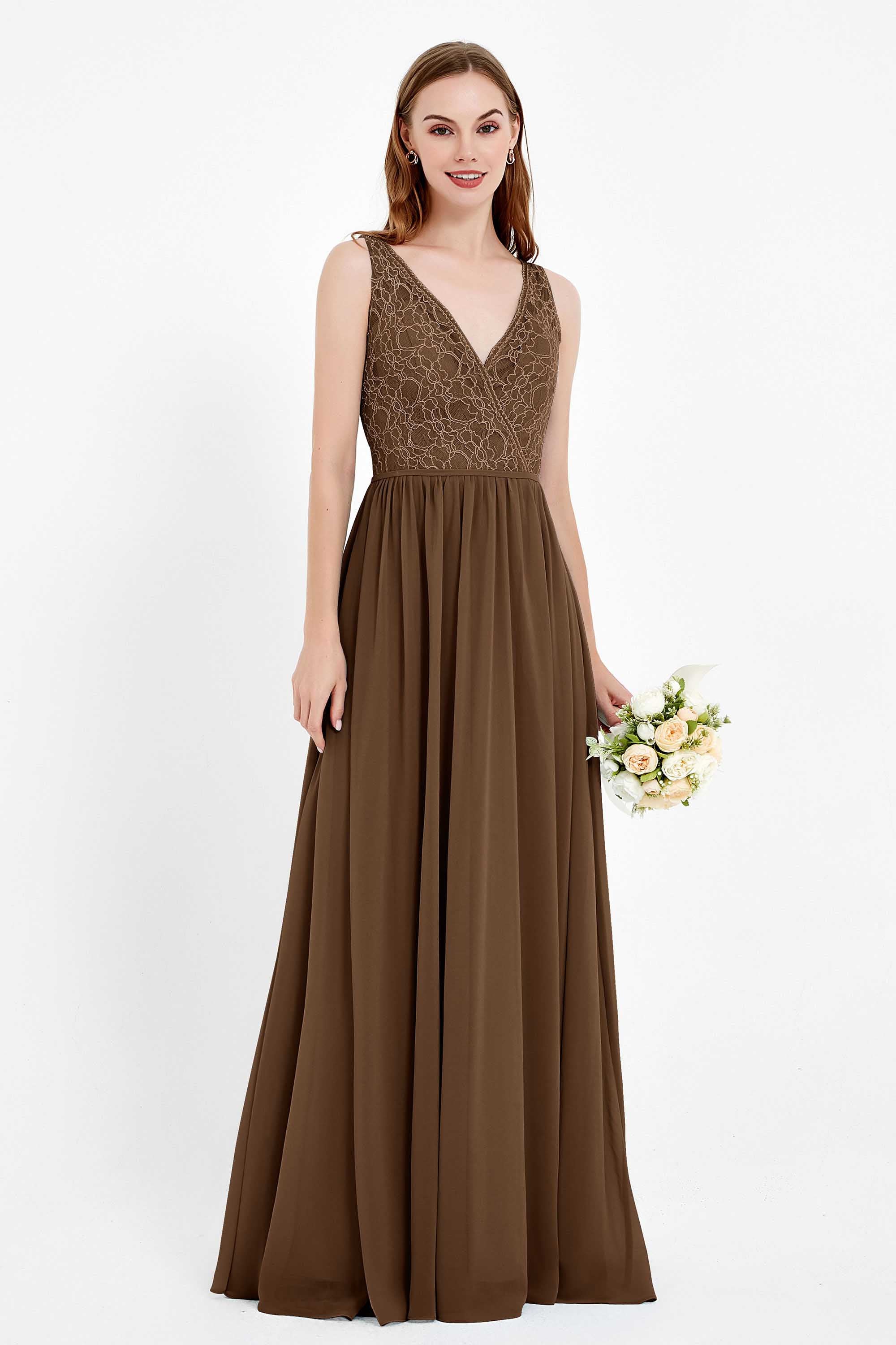 Ruched Chiffon Lace V Neck Bridesmaid Dress Sleeveless Formal Evening Dresses gowns