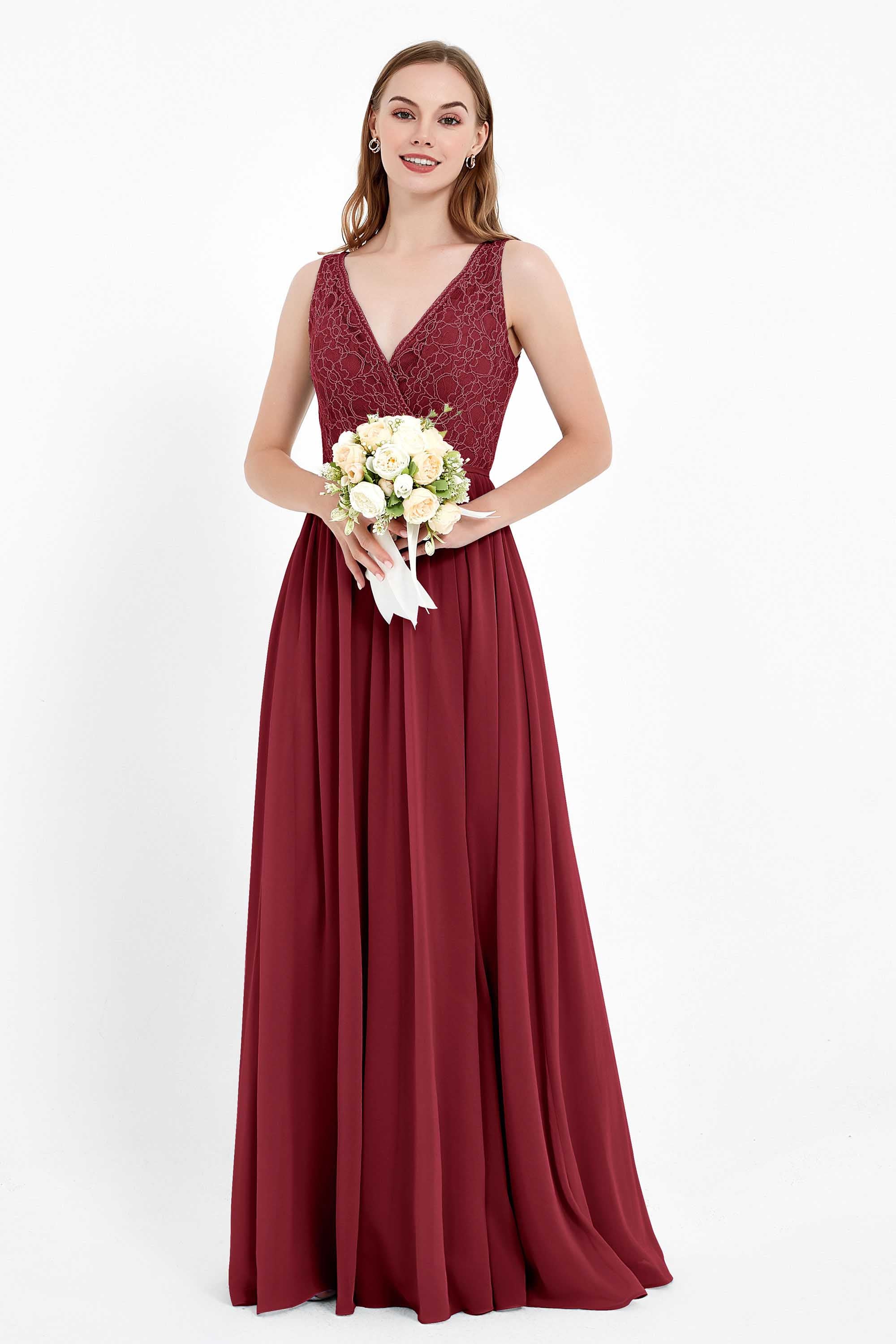 Ruched Chiffon Lace V Neck Bridesmaid Dress Sleeveless Formal Evening Dresses gowns