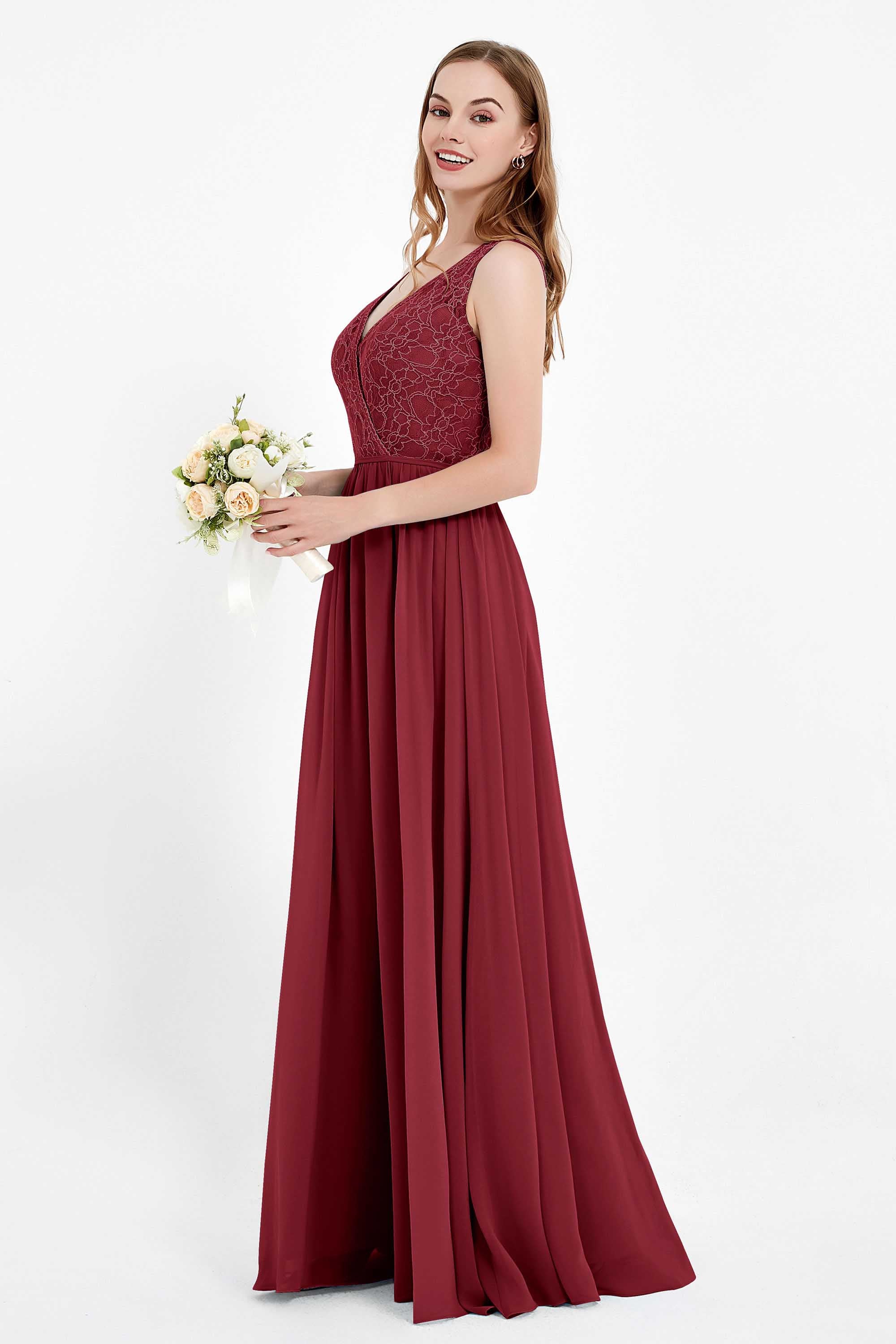 Ruched Chiffon Lace V Neck Bridesmaid Dress Sleeveless Formal Evening Dresses gowns