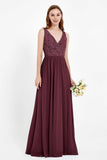 Ruched Chiffon Lace V Neck Bridesmaid Dress Sleeveless Formal Evening Dresses gowns