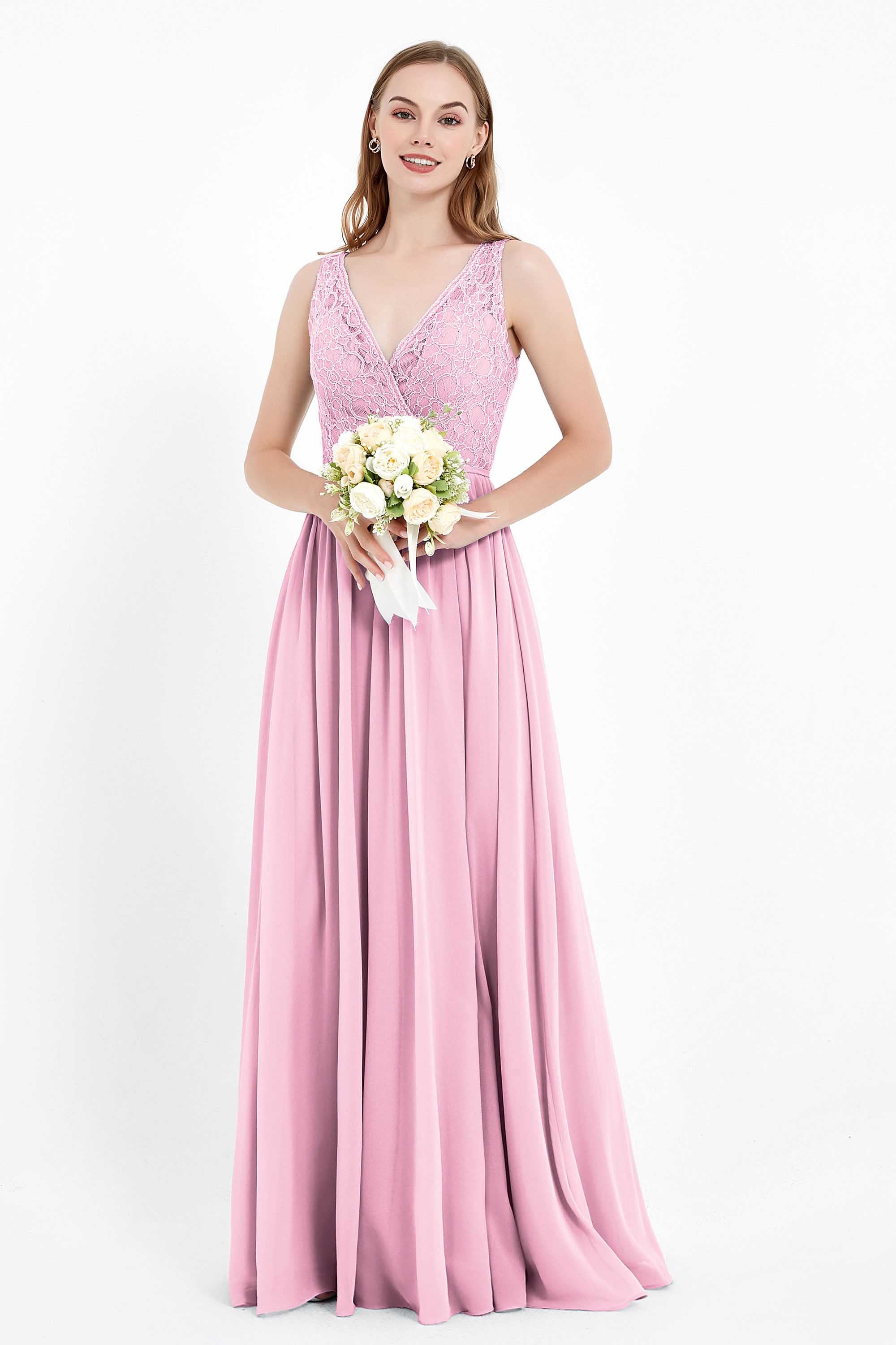 Ruched Chiffon Lace V Neck Bridesmaid Dress Sleeveless Formal Evening Dresses gowns