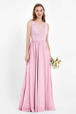 Ruched Chiffon Lace V Neck Bridesmaid Dress Sleeveless Formal Evening Dresses gowns