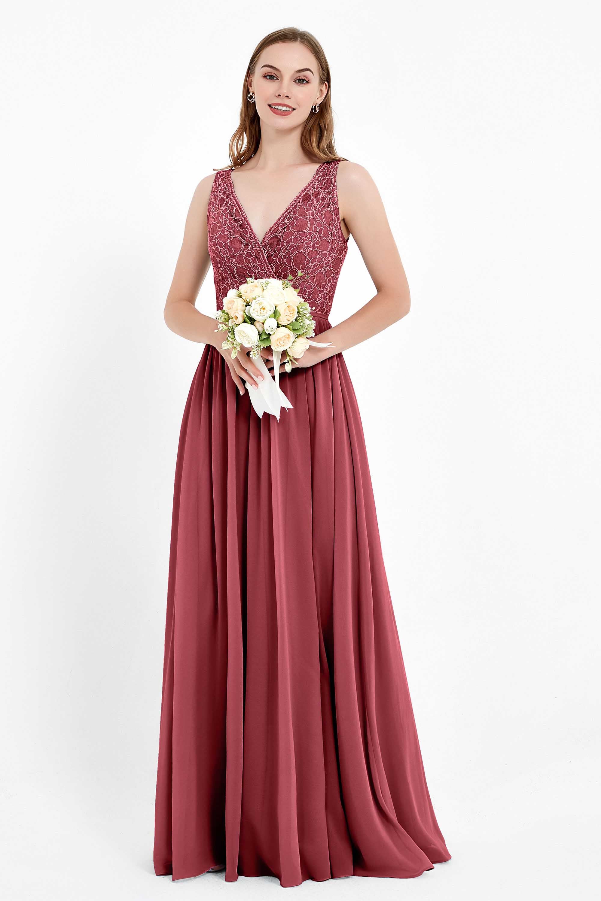 Ruched Chiffon Lace V Neck Bridesmaid Dress Sleeveless Formal Evening Dresses gowns
