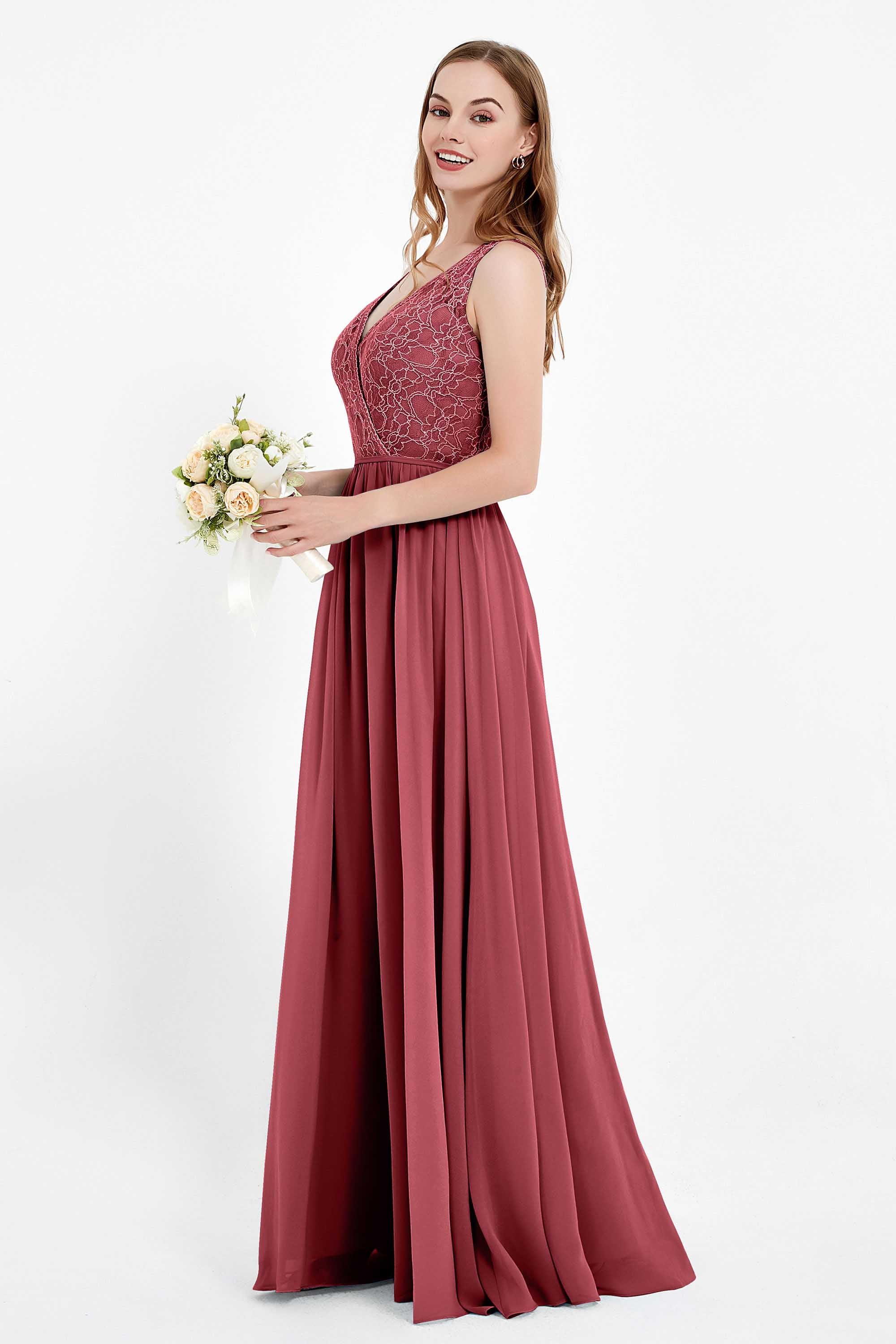 Ruched Chiffon Lace V Neck Bridesmaid Dress Sleeveless Formal Evening Dresses gowns