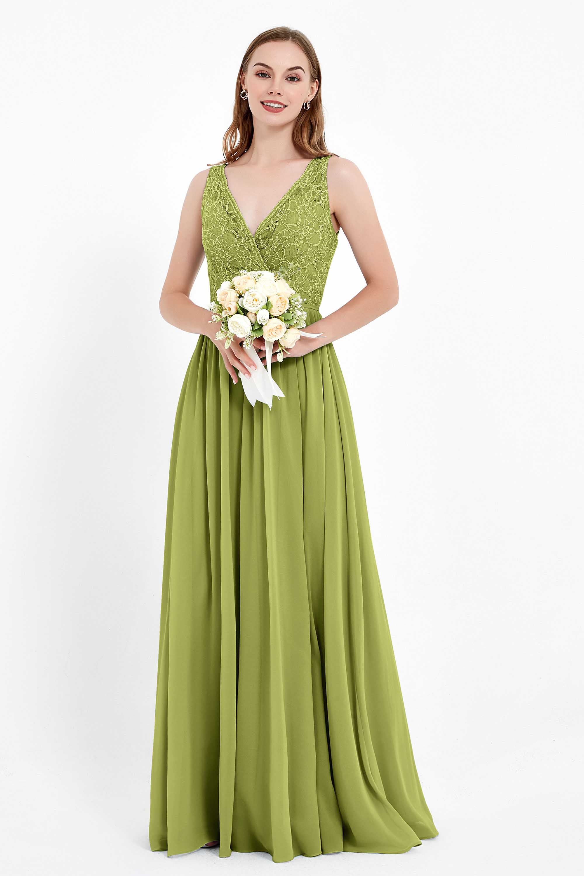 Ruched Chiffon Lace V Neck Bridesmaid Dress Sleeveless Formal Evening Dresses gowns
