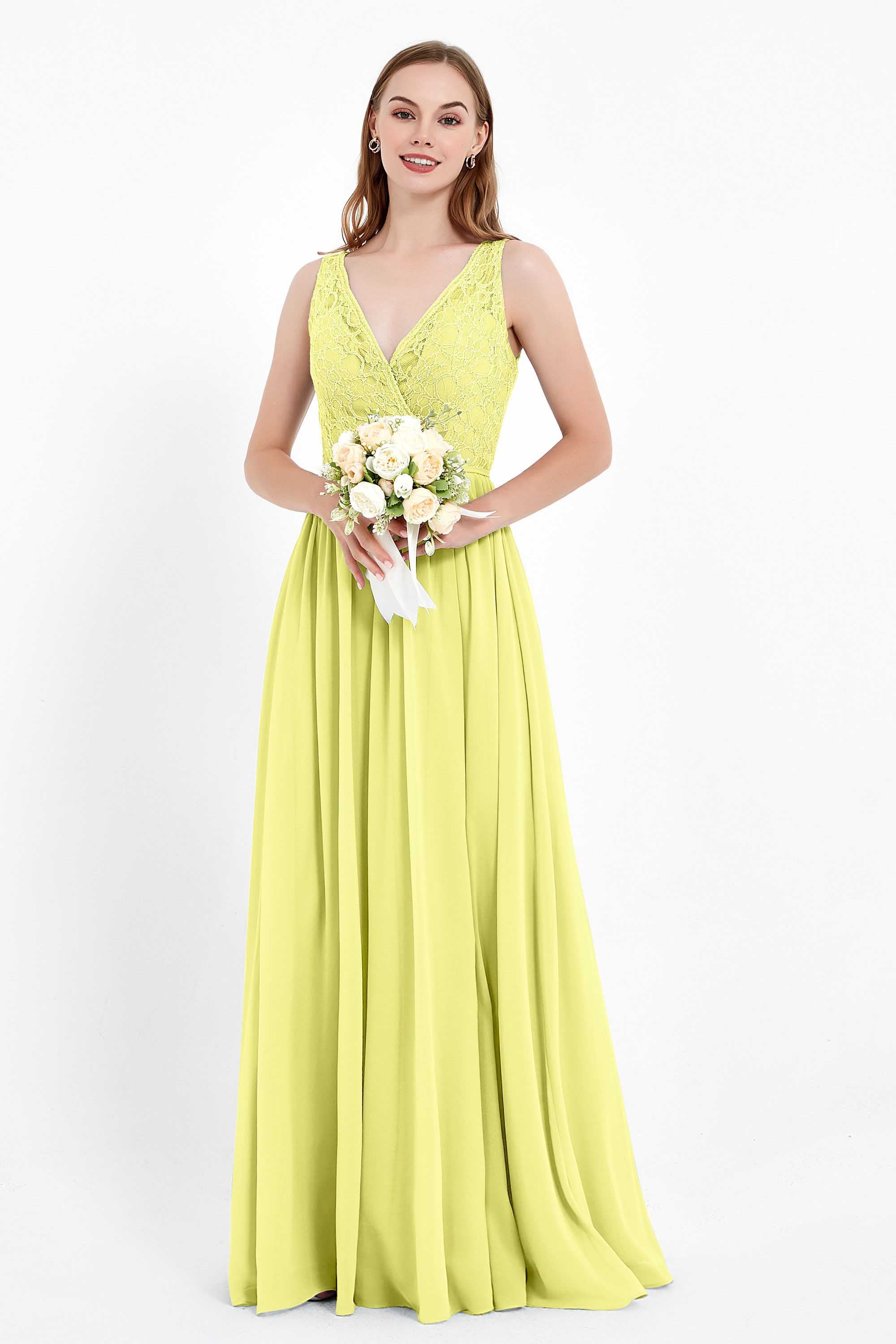 Ruched Chiffon Lace V Neck Bridesmaid Dress Sleeveless Formal Evening Dresses gowns