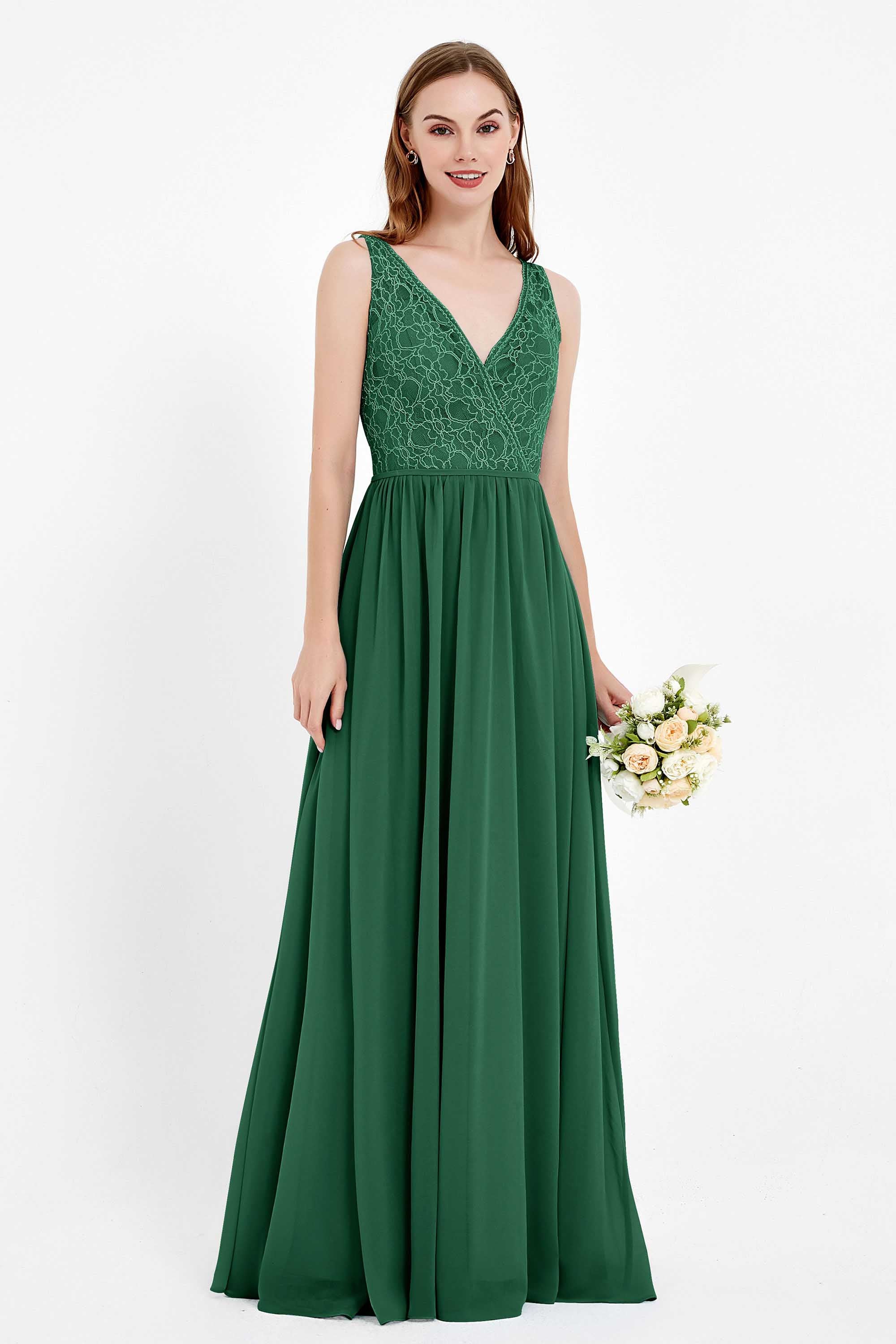 Ruched Chiffon Lace V Neck Bridesmaid Dress Sleeveless Formal Evening Dresses gowns