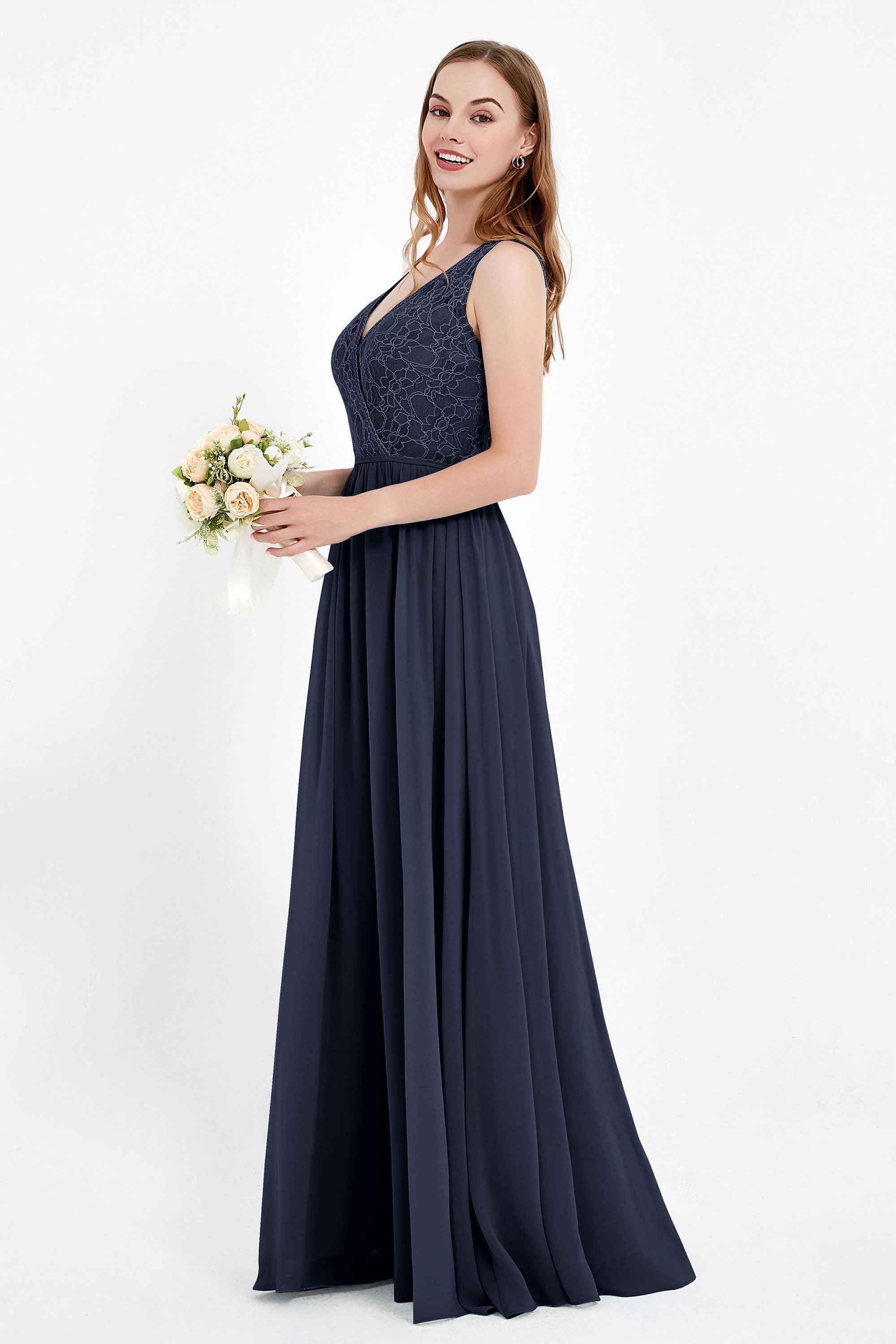 Ruched Chiffon Lace V Neck Bridesmaid Dress Sleeveless Formal Evening Dresses gowns