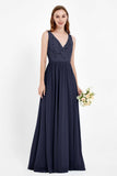 Ruched Chiffon Lace V Neck Bridesmaid Dress Sleeveless Formal Evening Dresses gowns