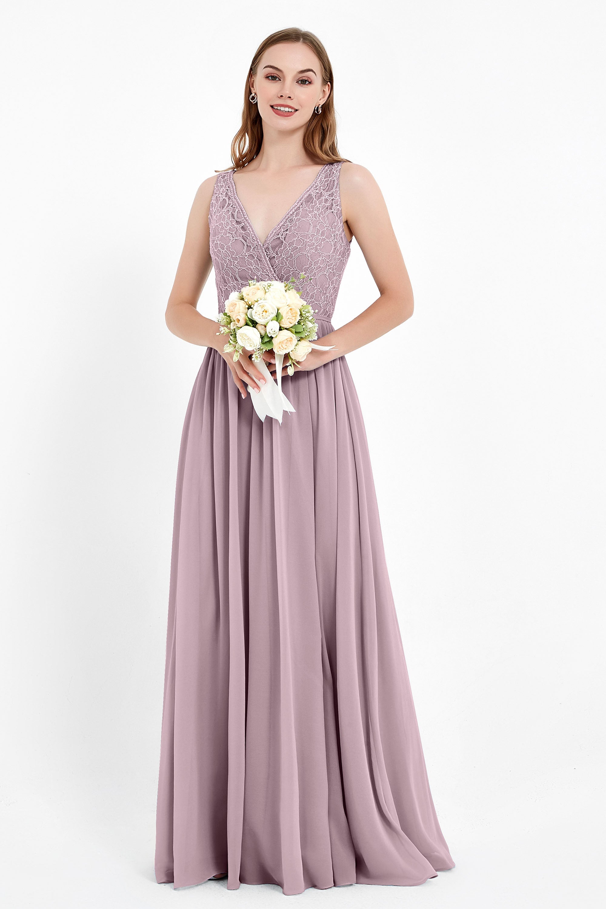 Ruched Chiffon Lace V Neck Bridesmaid Dress Sleeveless Formal Evening Dresses gowns