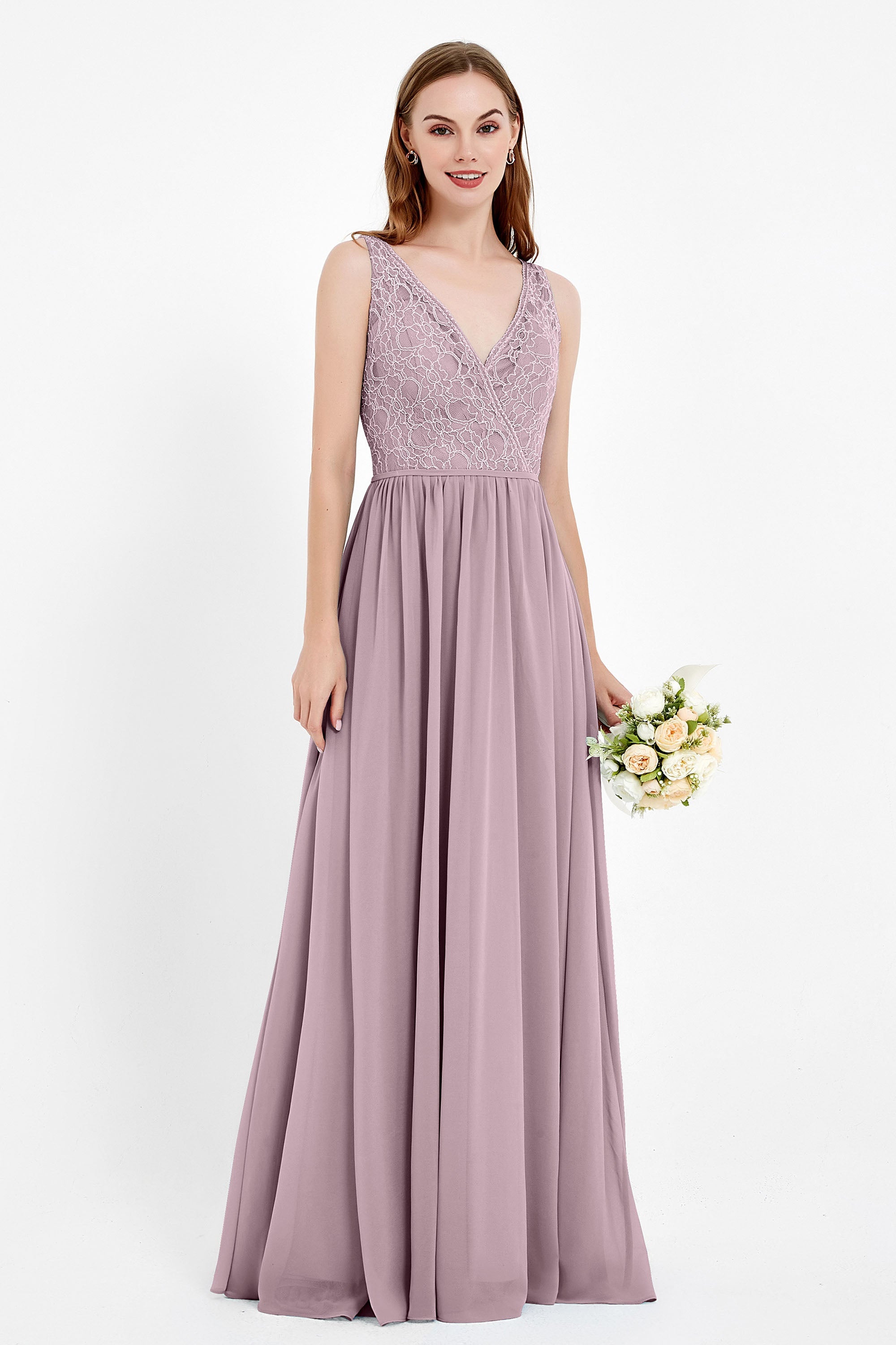 Ruched Chiffon Lace V Neck Bridesmaid Dress Sleeveless Formal Evening Dresses gowns