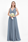 Ruched Chiffon Lace V Neck Bridesmaid Dress Sleeveless Formal Evening Dresses gowns