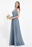 Ruched Chiffon Lace V Neck Bridesmaid Dress Sleeveless Formal Evening Dresses gowns