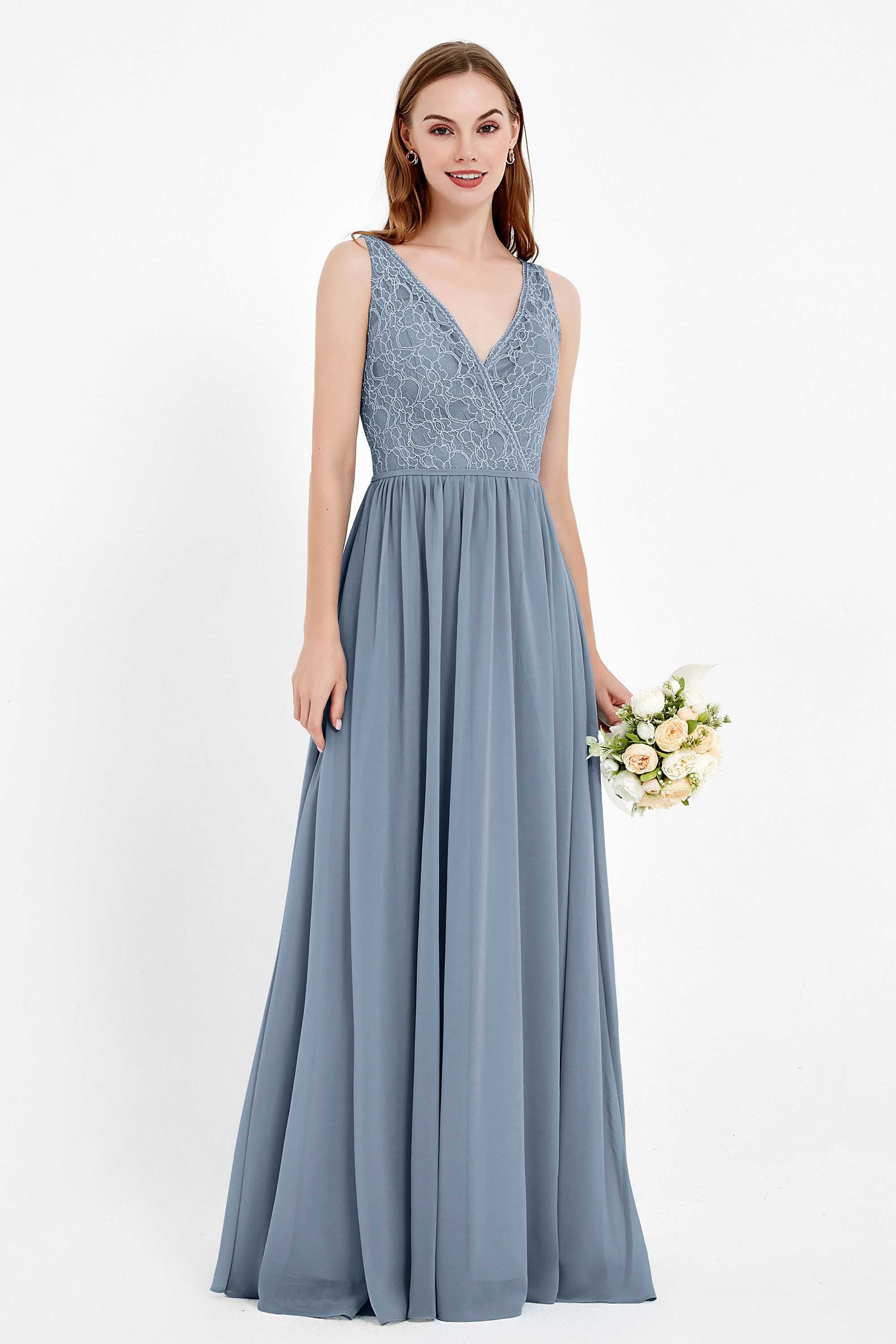 Ruched Chiffon Lace V Neck Bridesmaid Dress Sleeveless Formal Evening Dresses gowns