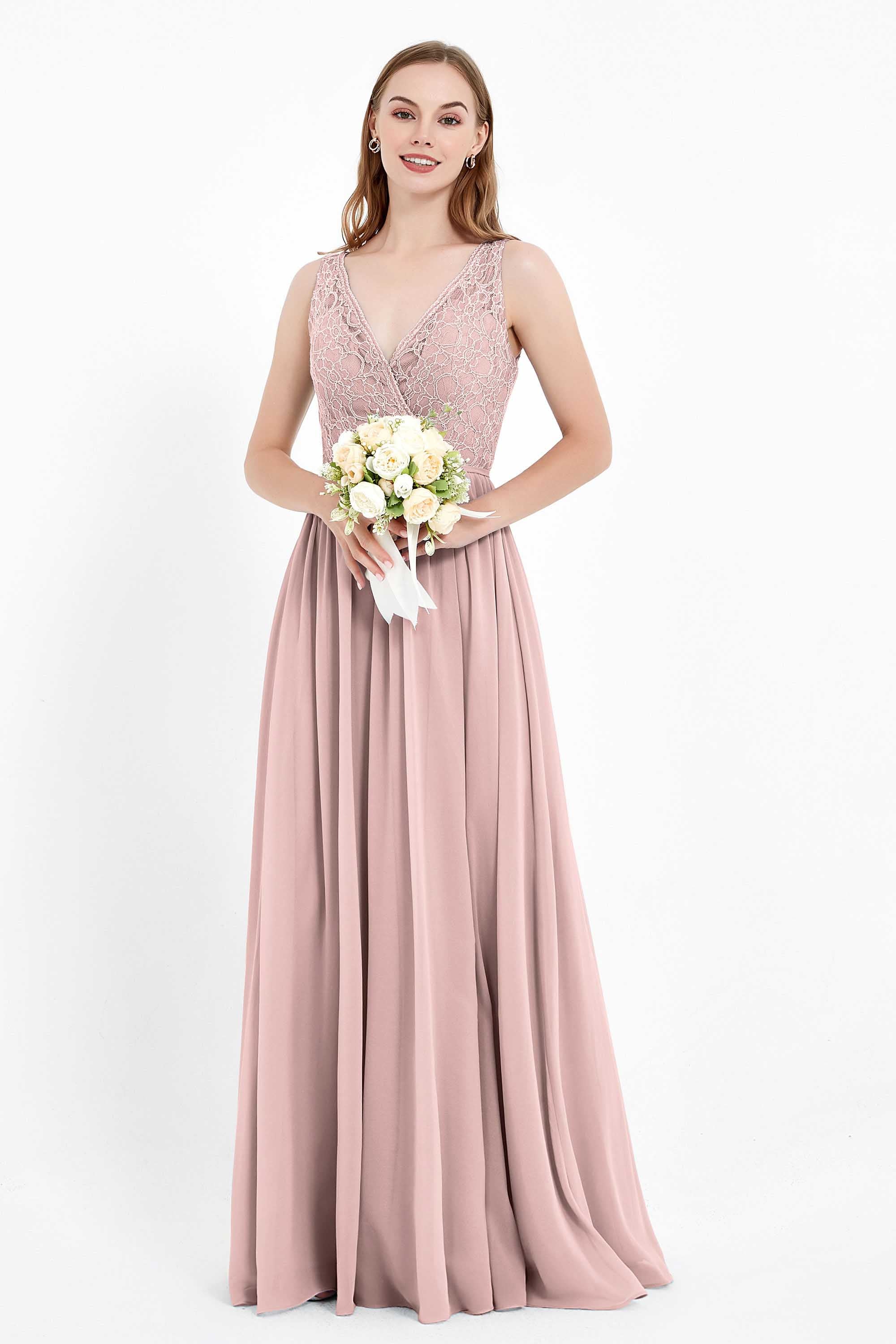 Ruched Chiffon Lace V Neck Bridesmaid Dress Sleeveless Formal Evening Dresses gowns