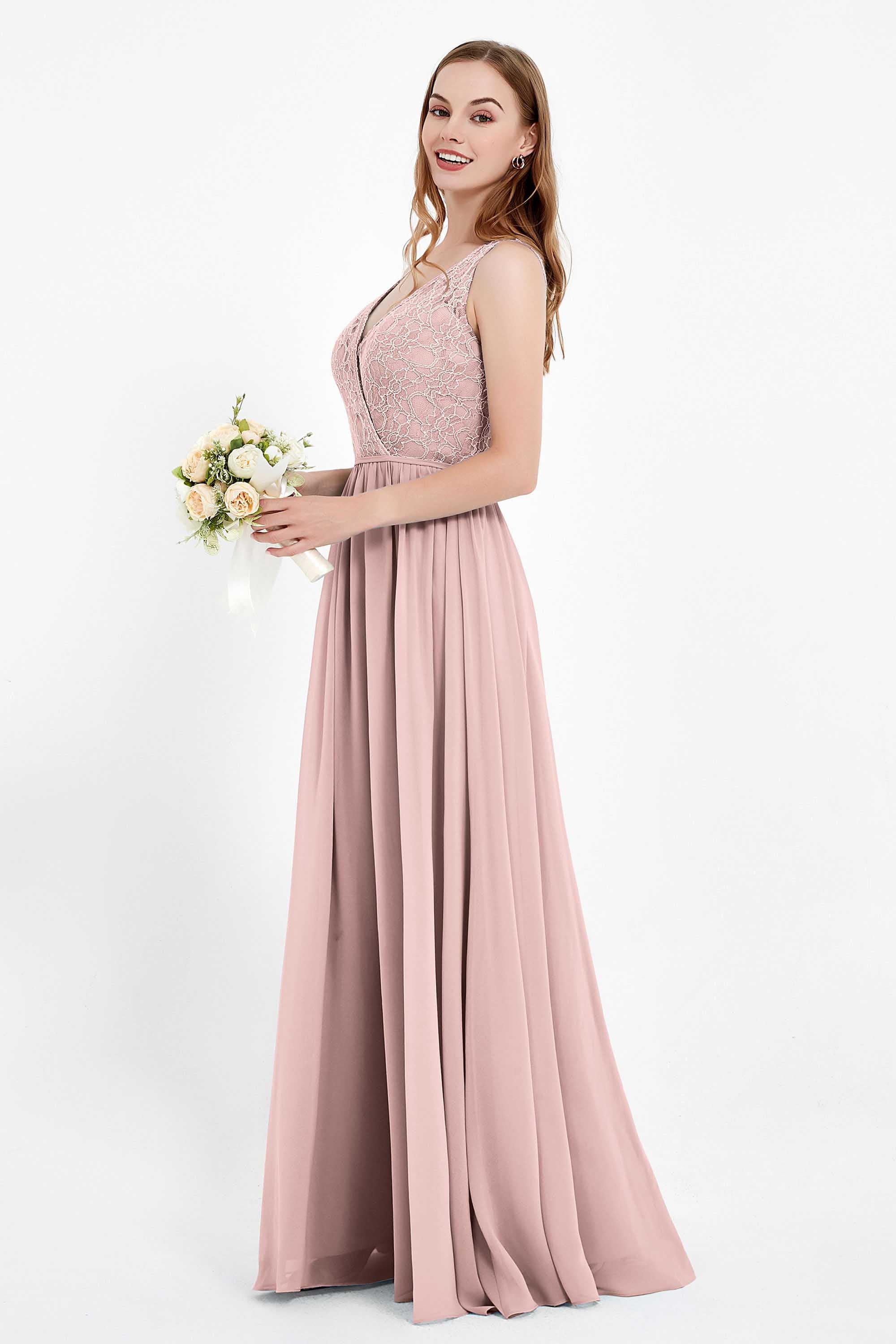 Ruched Chiffon Lace V Neck Bridesmaid Dress Sleeveless Formal Evening Dresses gowns