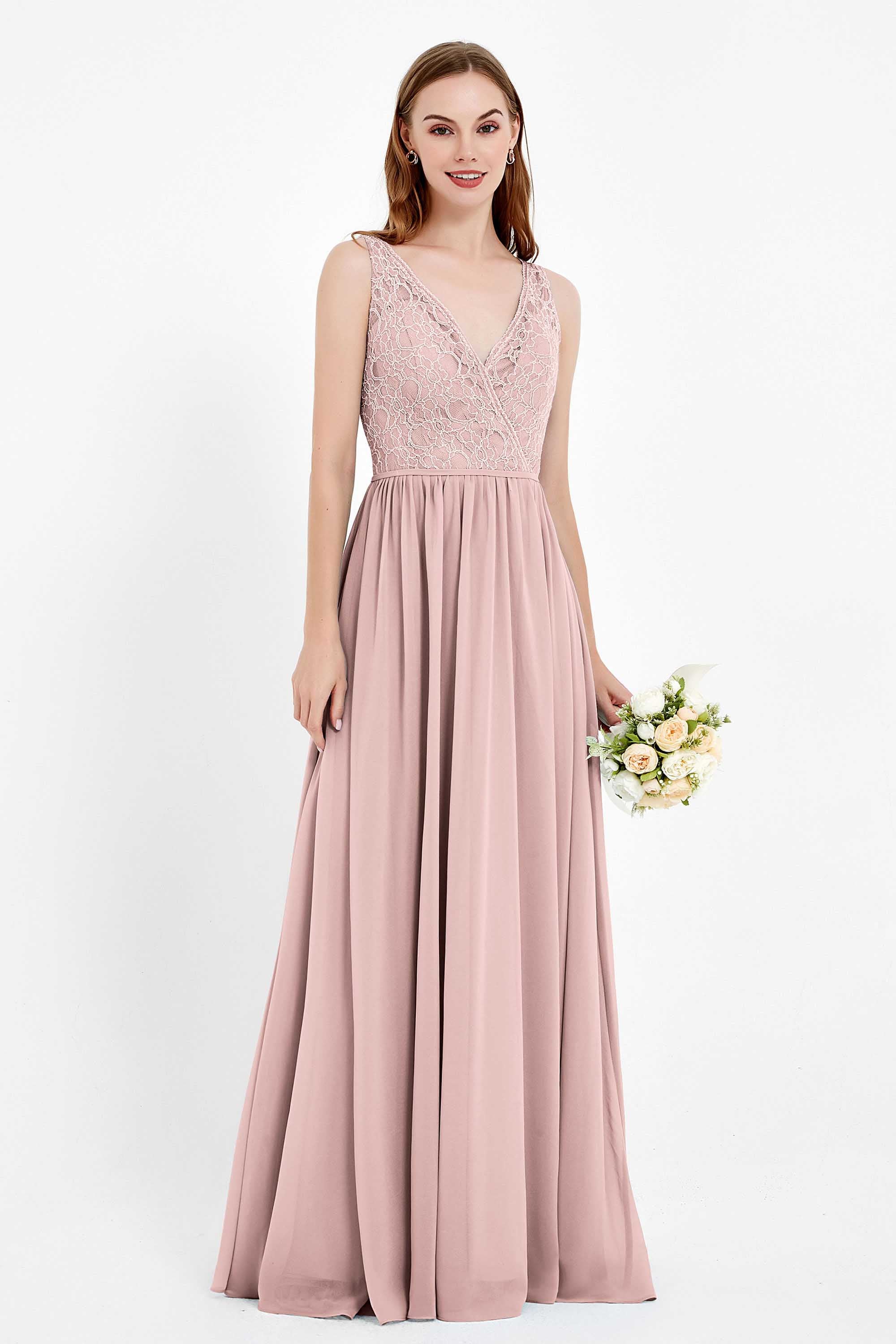Ruched Chiffon Lace V Neck Bridesmaid Dress Sleeveless Formal Evening Dresses gowns