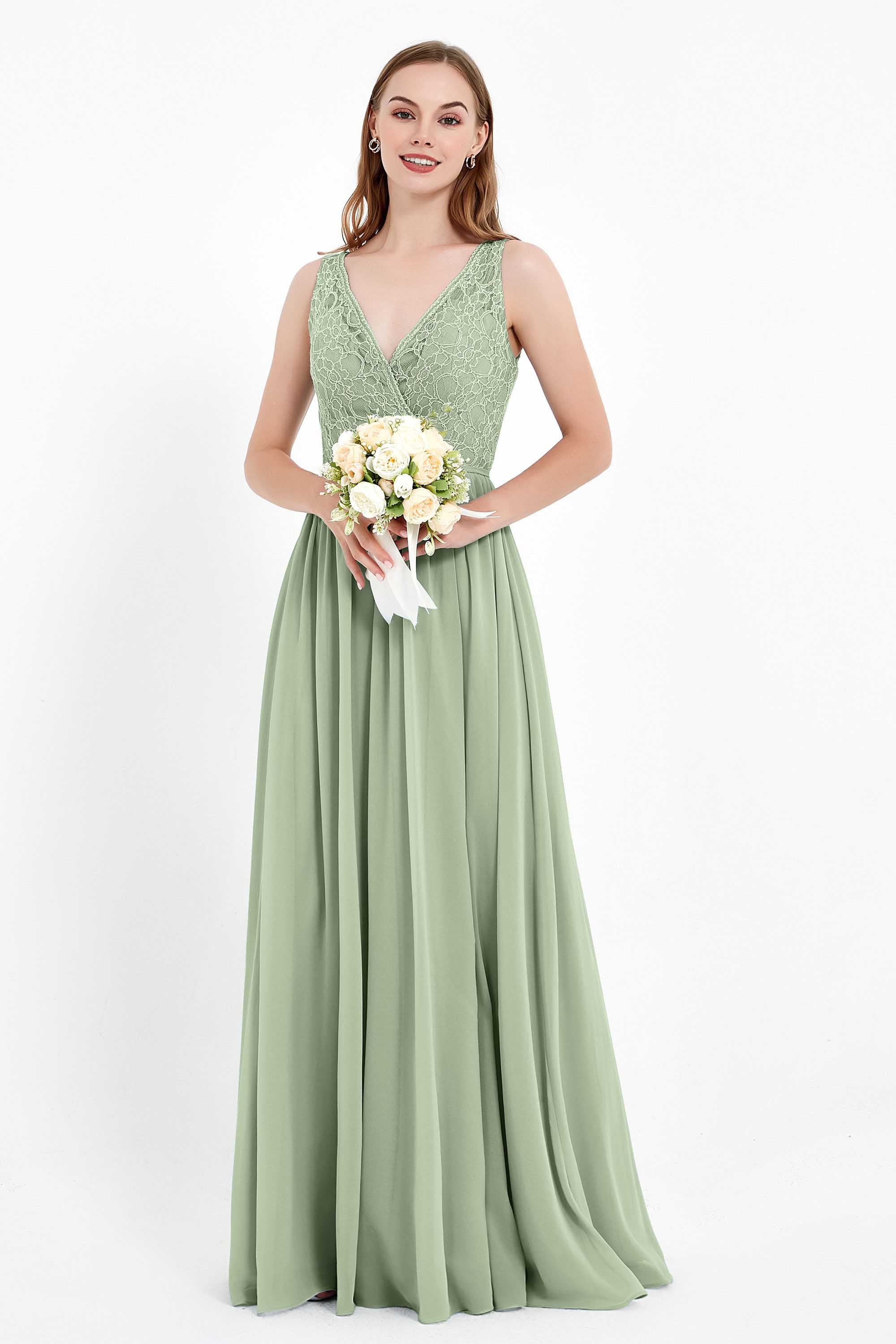 Ruched Chiffon Lace V Neck Bridesmaid Dress Sleeveless Formal Evening Dresses gowns