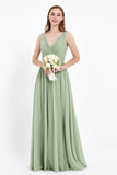 Ruched Chiffon Lace V Neck Bridesmaid Dress Sleeveless Formal Evening Dresses gowns