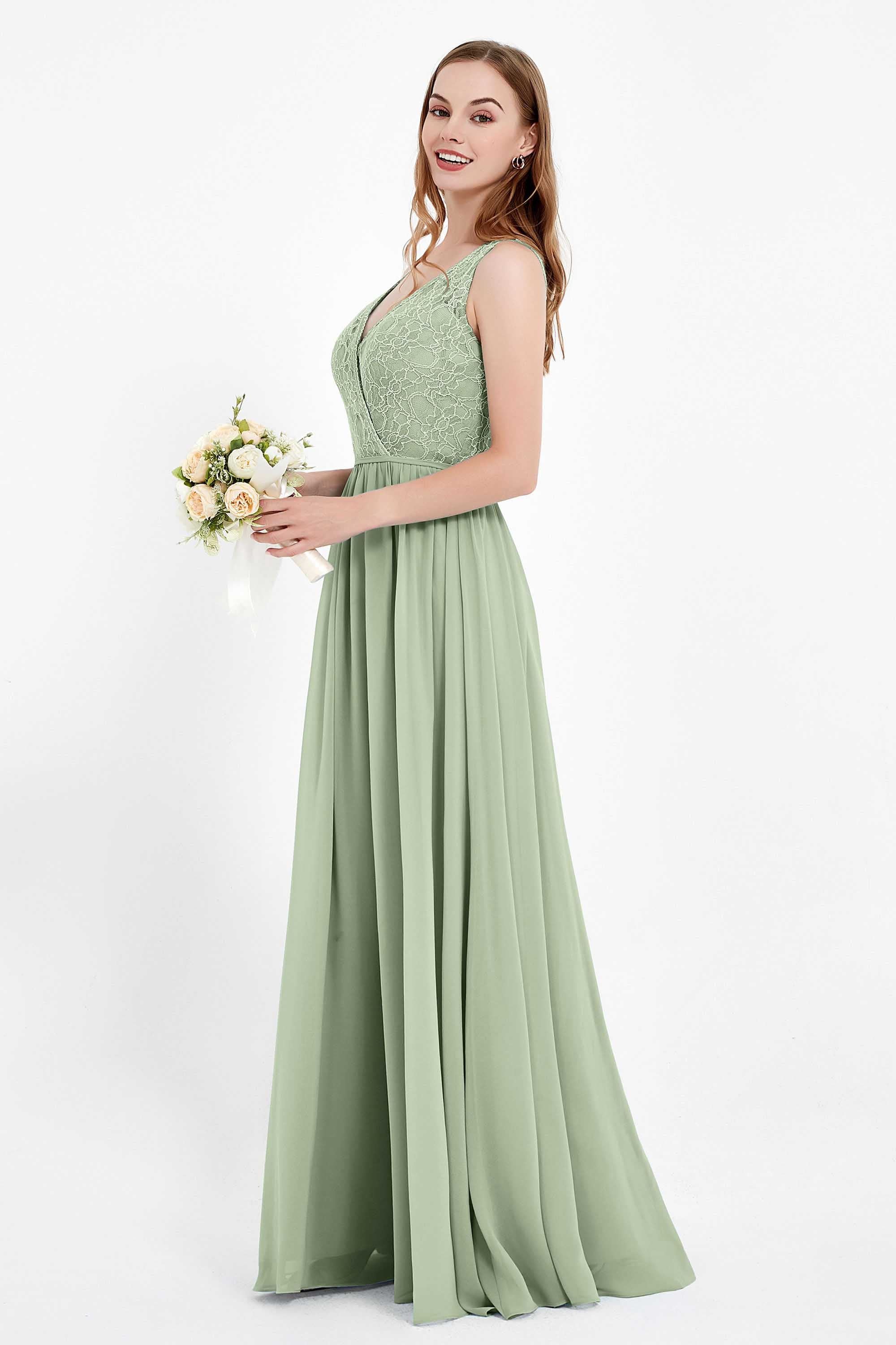 Ruched Chiffon Lace V Neck Bridesmaid Dress Sleeveless Formal Evening Dresses gowns