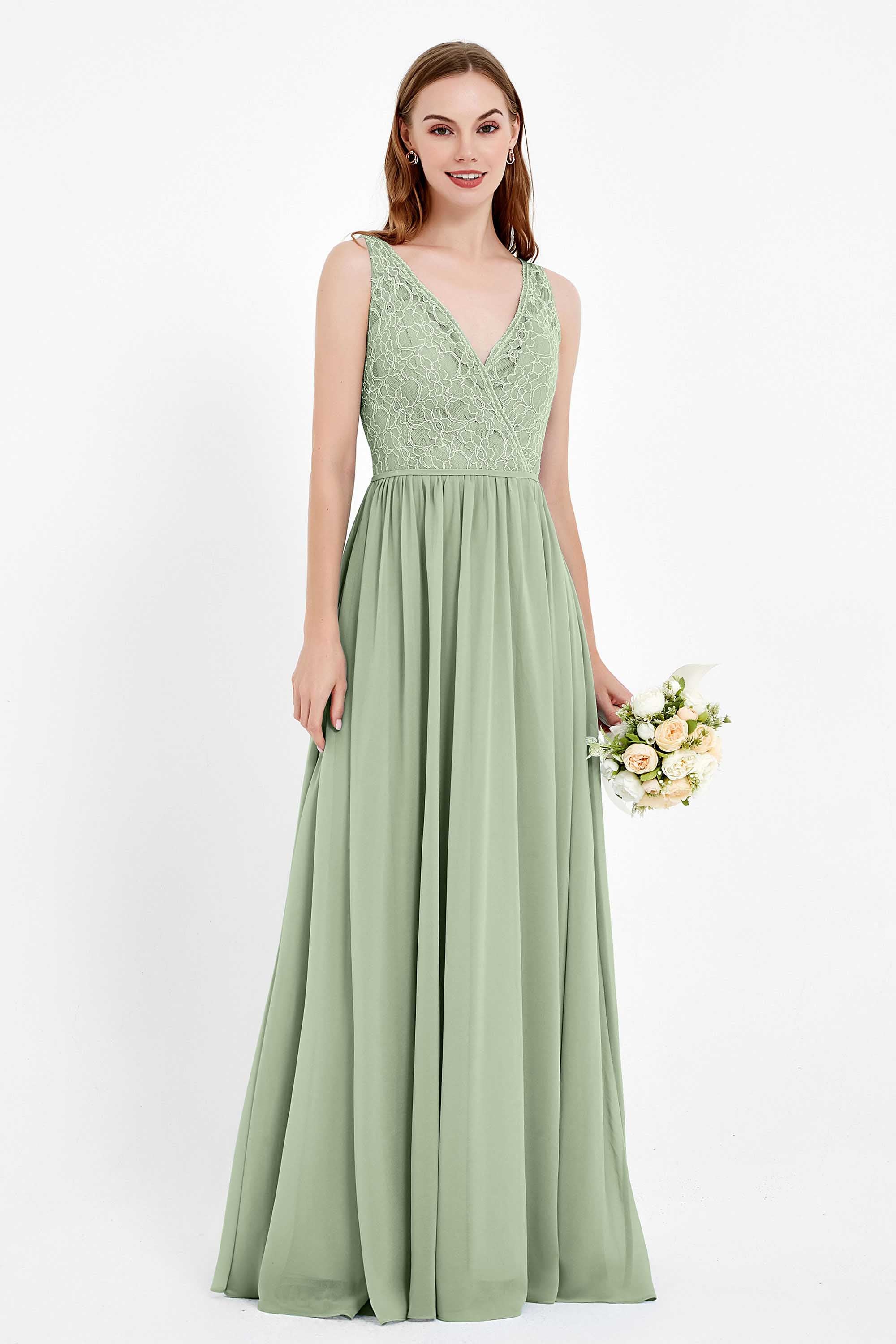 Ruched Chiffon Lace V Neck Bridesmaid Dress Sleeveless Formal Evening Dresses gowns