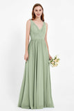 Ruched Chiffon Lace V Neck Bridesmaid Dress Sleeveless Formal Evening Dresses gowns