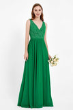 Ruched Chiffon Lace V Neck Bridesmaid Dress Sleeveless Formal Evening Dresses gowns