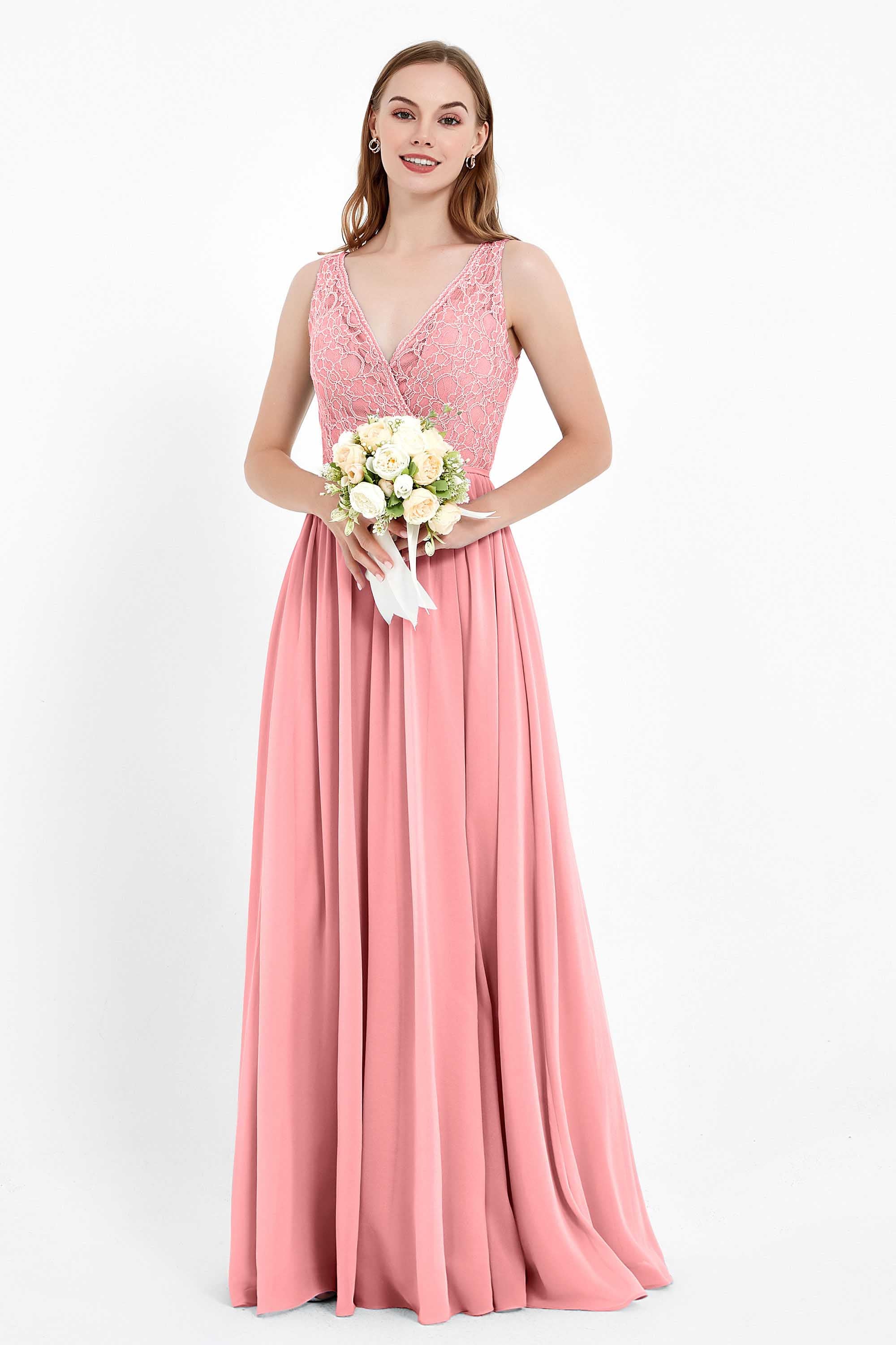 Ruched Chiffon Lace V Neck Bridesmaid Dress Sleeveless Formal Evening Dresses gowns
