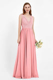 Ruched Chiffon Lace V Neck Bridesmaid Dress Sleeveless Formal Evening Dresses gowns
